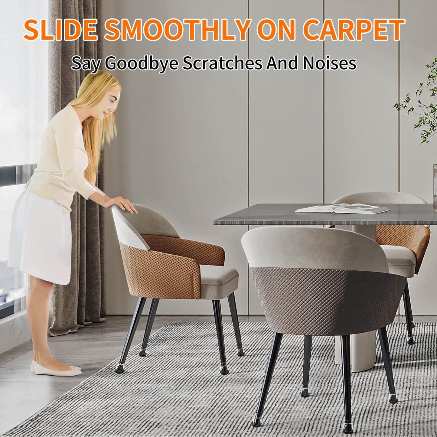 Ezprotekt 24 Pcs Clear Chair Leg Sliders for Carpet, Round Teflon Furniture Glides for Rug, Carpet Sliders Protectors Caps to Slide Smooth for Dining Table Chair, Bar Stool Legs (M Fit: 7/8" to 1")