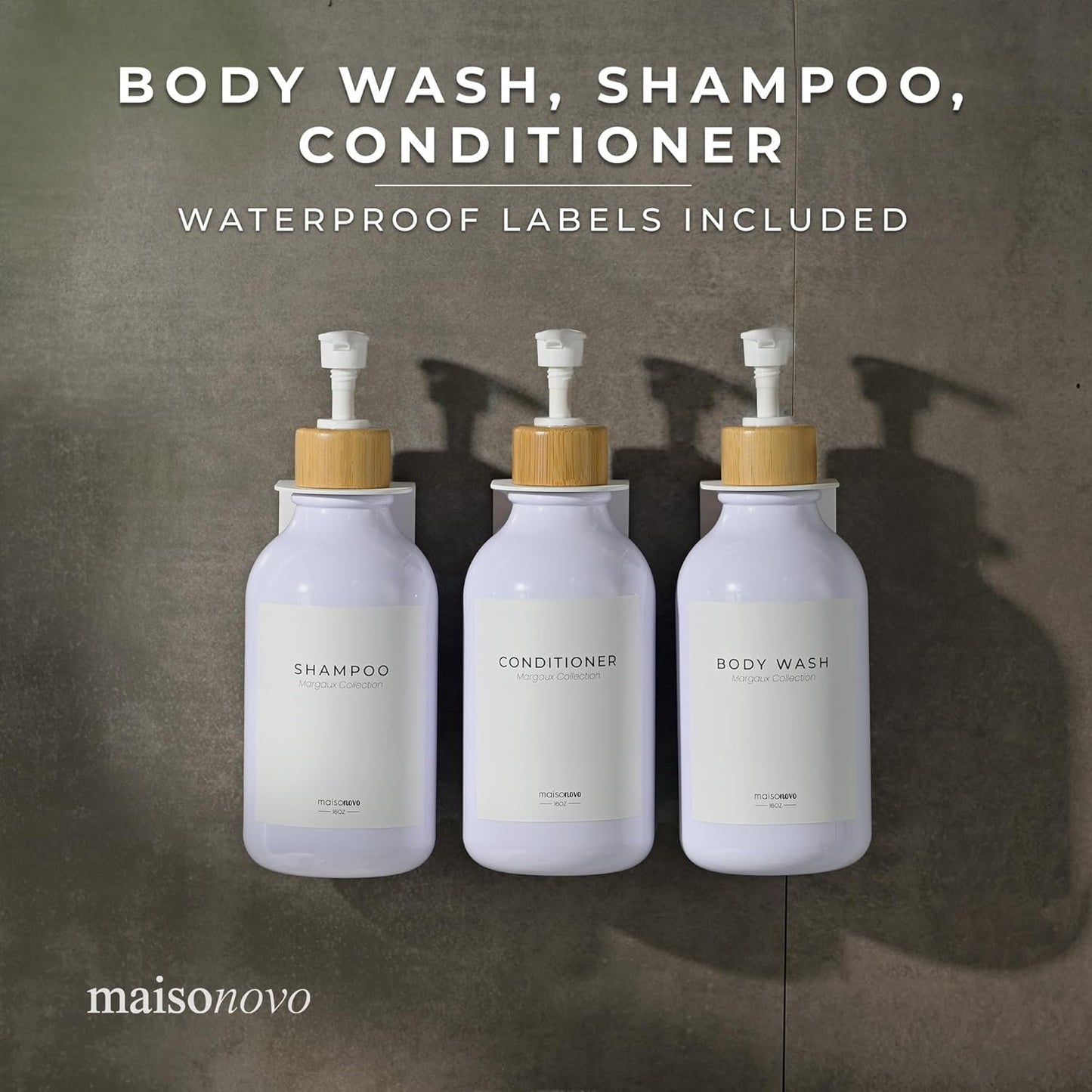 MaisoNovo Shampoo and Conditioner Dispenser - Shower Soap Dispenser Wall Mounted - 16.9 fl oz Set of 3 White Plastic Bottles Bamboo Pump - 3 Chamber No Drill