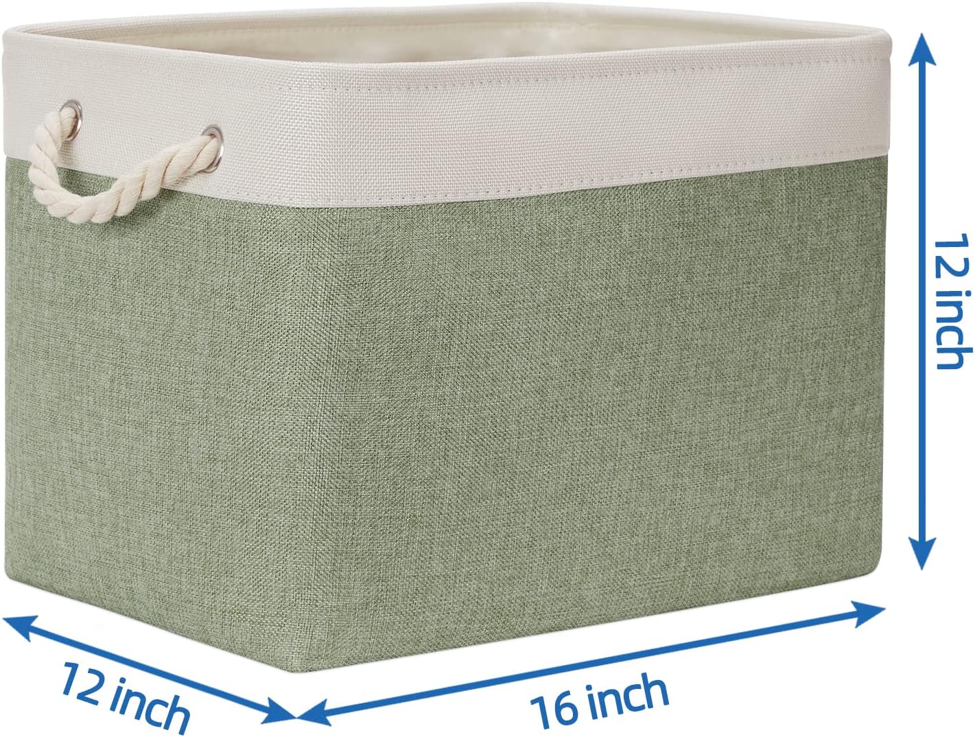 Temary Storage Baskets Fabric Storage Bins for Shelves, 2 Pack Decorative Storage Boxes Canvas Storage Basket with Handles for Organizing Clothes, Books(White&Green,16Lx12Wx12H Inches)