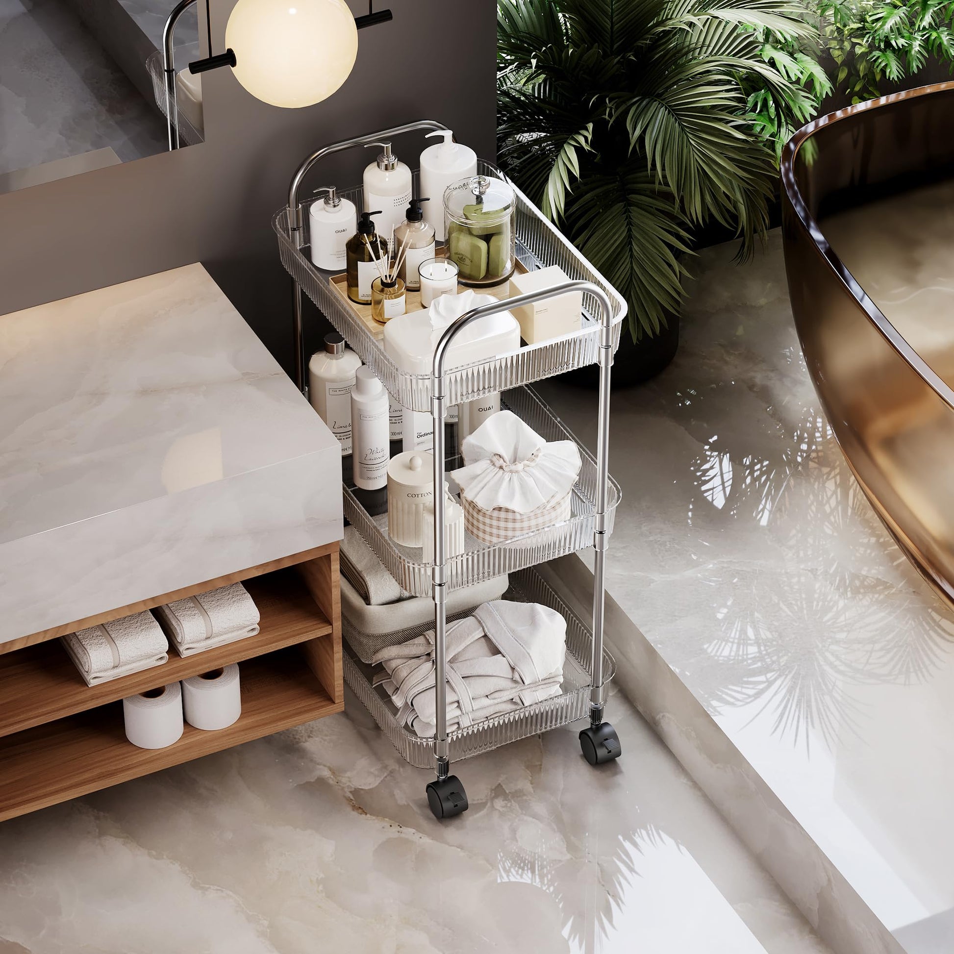 STARLATTA 3 Tier Rolling Cart with Lockable Wheels, Clear Acrylic Utility Trolley with Handle