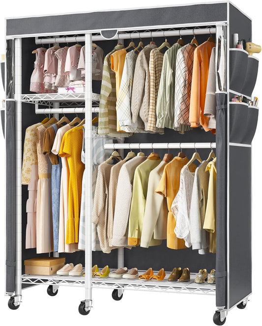 Raybee Clothes Rack with Cover,Clothing Racks for Hanging Clothes with Wheels and Adjustable Feets,Rolling Heavy Duty Garment Rack,White