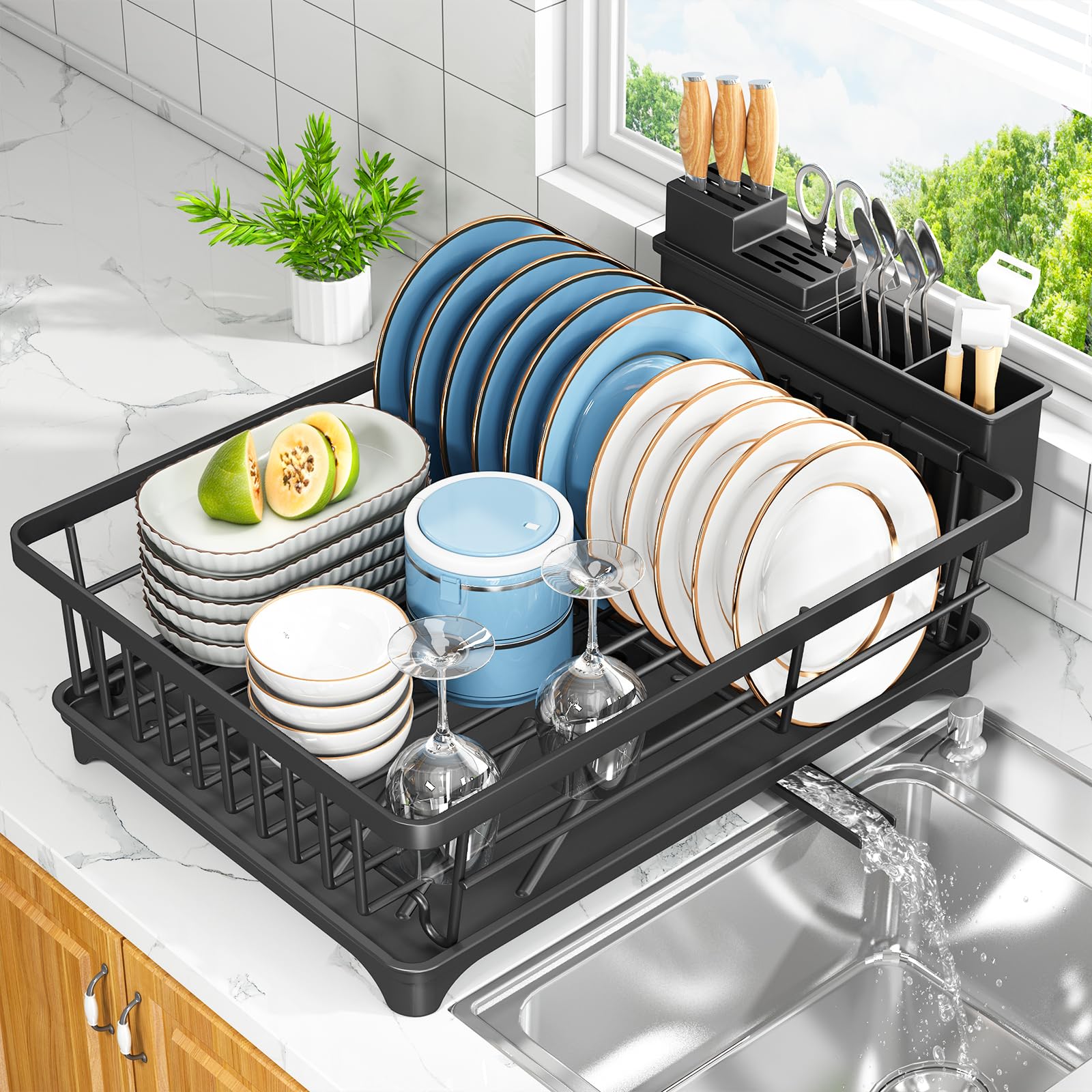 Kmiectse Dish Drying Rack for Small Kitchen Counter with Utensil Holder