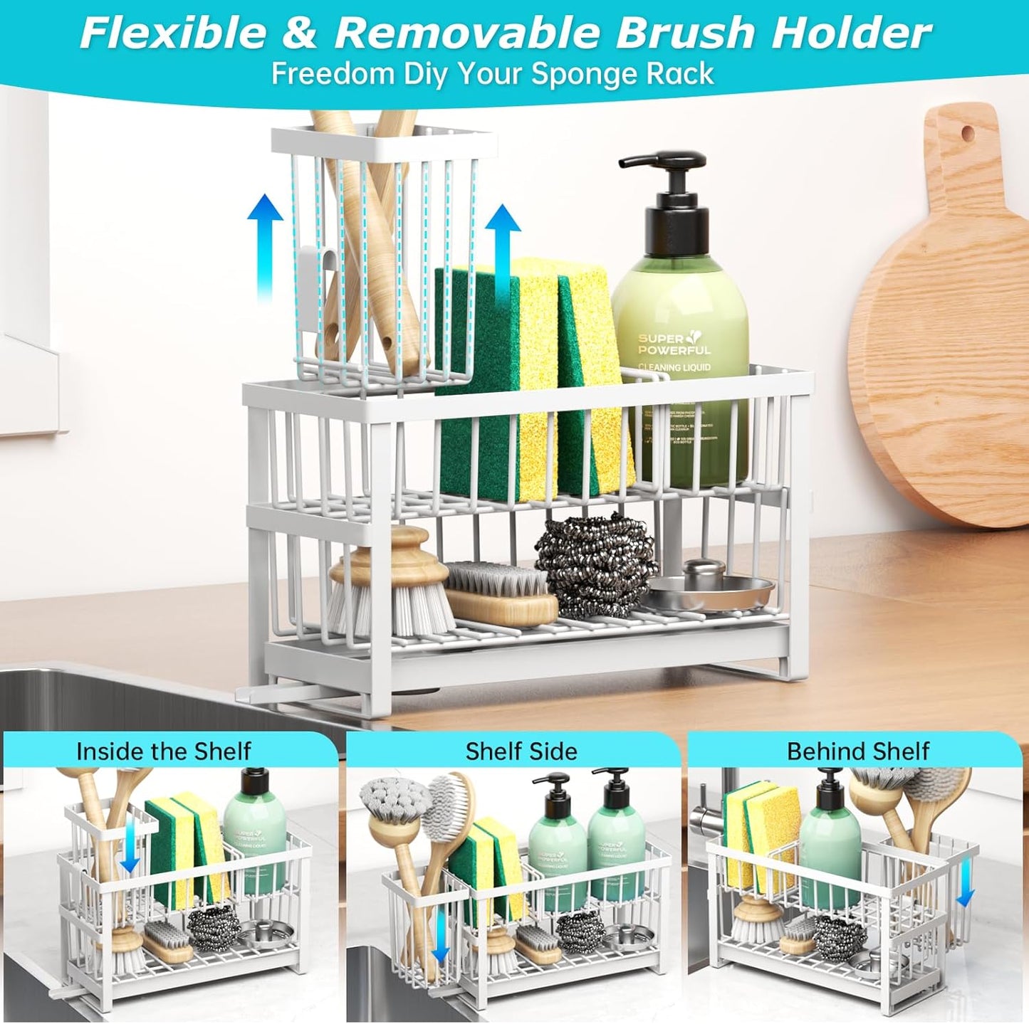 Sponge Holder for Kitchen Sink, 2 Tier Sink Caddy Organizer Countertop with Dish Brush Holder and 360° Drain Tray, Rustproof Stainless Steel Dish Soap Storage Rack Set for Accessories White