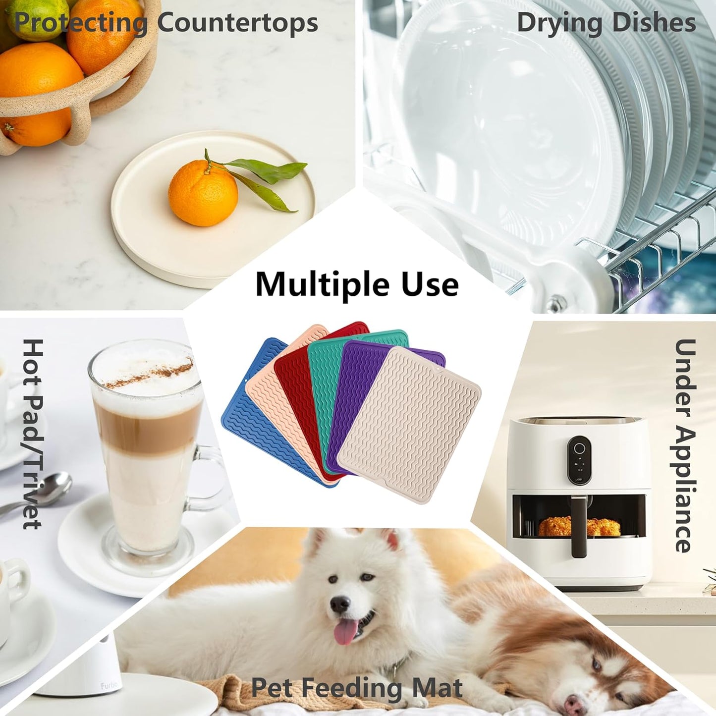 ZLR Silicone Dish Drying Mat for Kitchen Counter, Eco-Friendly Fast Dry Dish Mat, Easy Clean Multi Usage Drying Matt, Heat Resistant Trivet, 12" x 12" Middle, Black