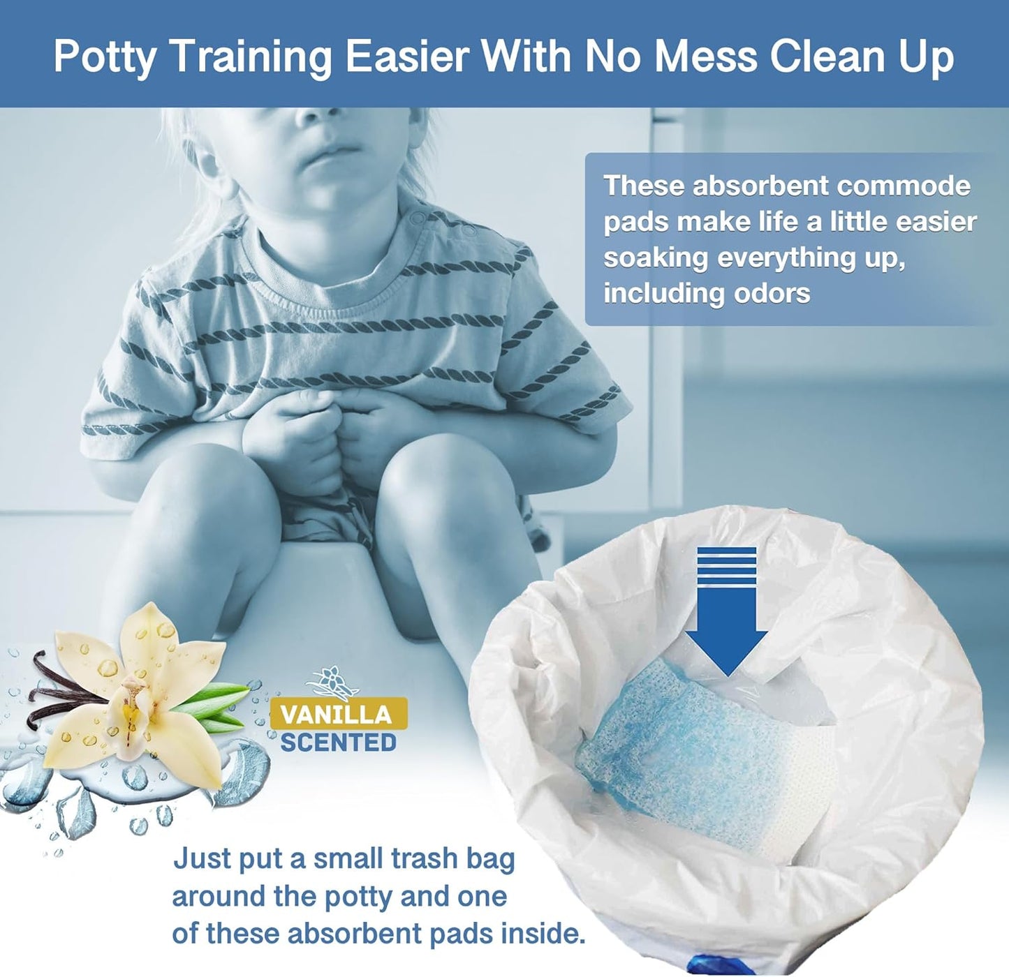 Commode Absorbent Pads for Bedside Commode Liners - 100 Vanilla Scented Pads for Portable Toilet Bags, Bedside Toilet Liners, Potty Bags for Portable Toilet, Potty Chair Liners - No More Dirty Works