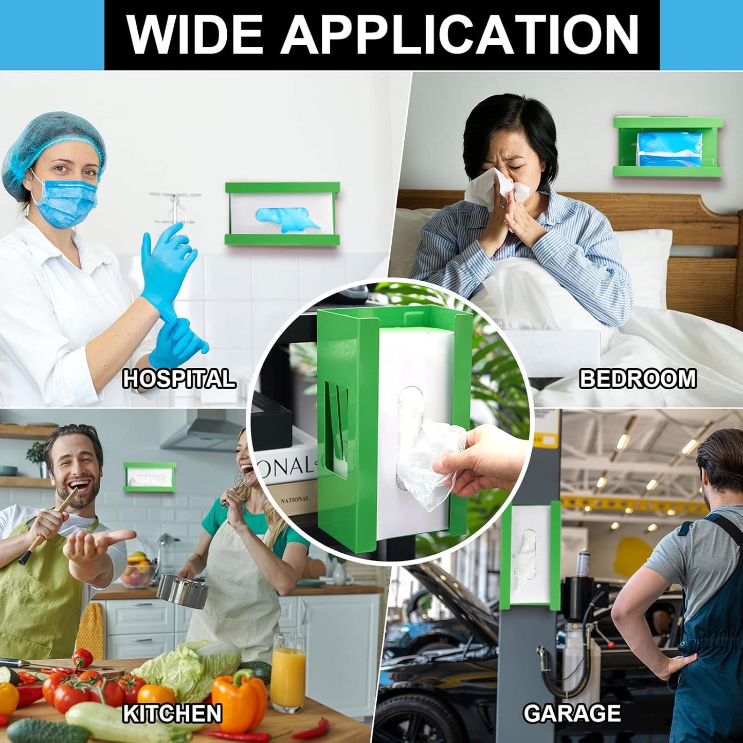 Lounsweer 2 Pcs Magnetic Glove Dispenser Holders Wall Mount Boxes of Gloves Commercial Quality Towels Wipes Paper Tissue Box Holder Kitchen Fridge Office Workshops Garage Tool Hospital(Green)