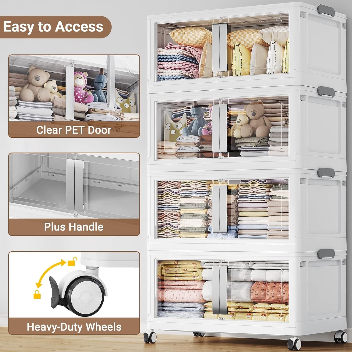 BROVIEW 800QT Stackable Storage Bins with Lids, 200Gal Extra Large Collapsible Storage Box with Wheel, Plastic Storages with Clear Door Open Front for Home Kitchen Garage, White-5pack(5 lids)