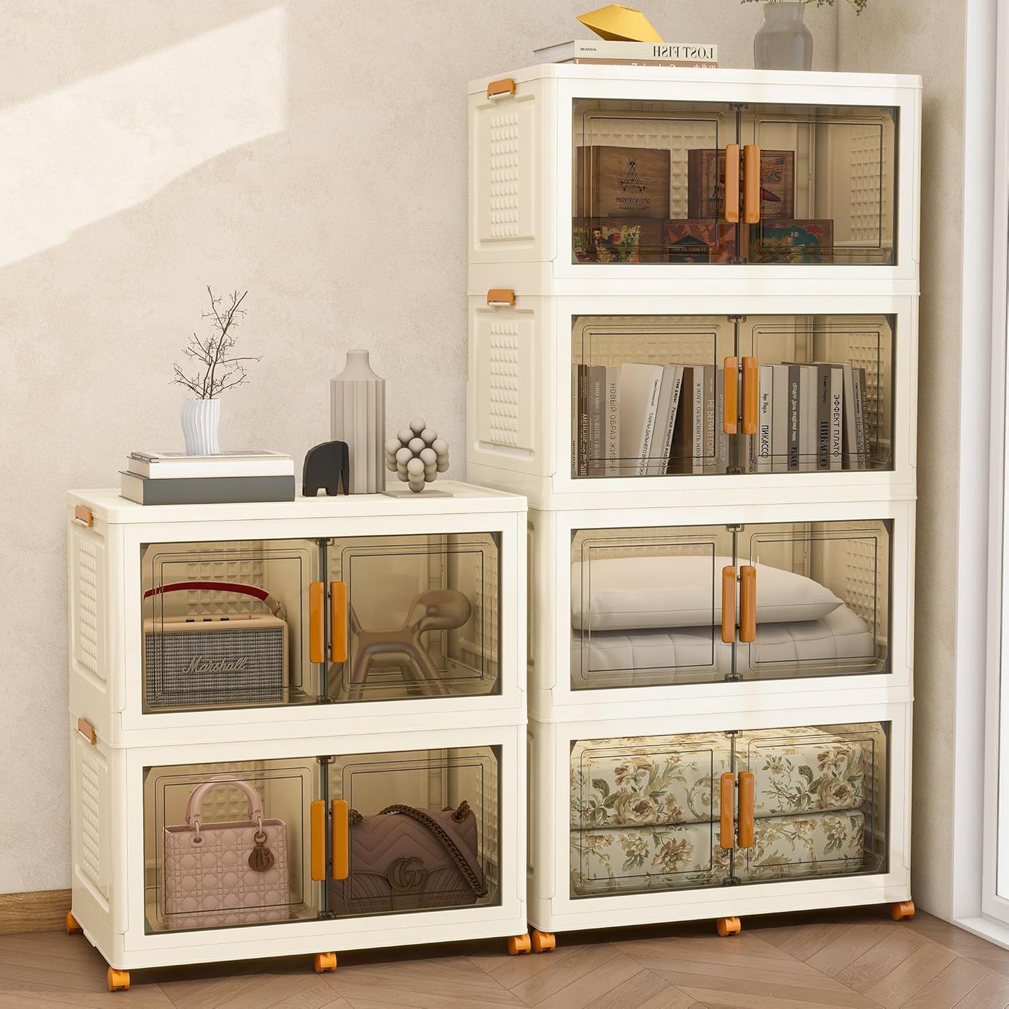 Plastic Stackable Storage Bins with Lids and Wheels, Foldable Closet Organizers and Storage Containers for Bathroom, Collapsible Clear Drawer Storage Cabinet with Doors White 45Gal 2Tiers