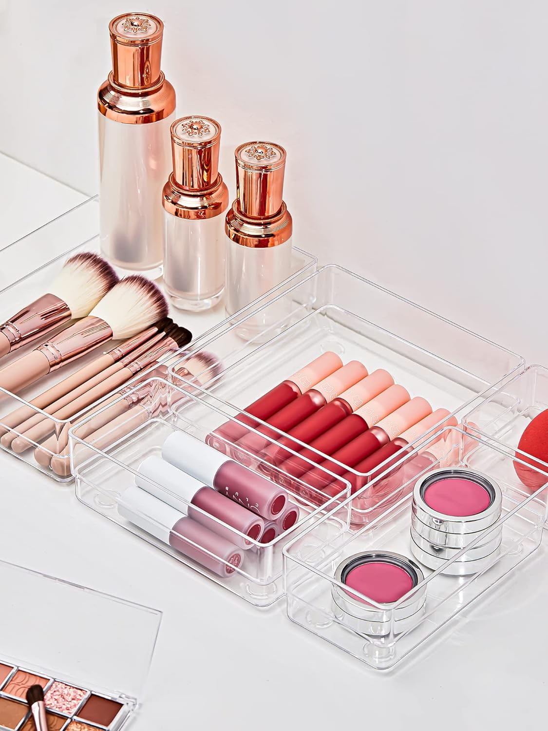 SMARTAKE 13-Piece Drawer Organizer with Non-Slip Silicone Pads, 5-Size Desk Drawer Organizer Trays Storage Tray for Makeup, Jewelries, Utensils in Bedroom Dresser, Office and Kitchen (Clear)