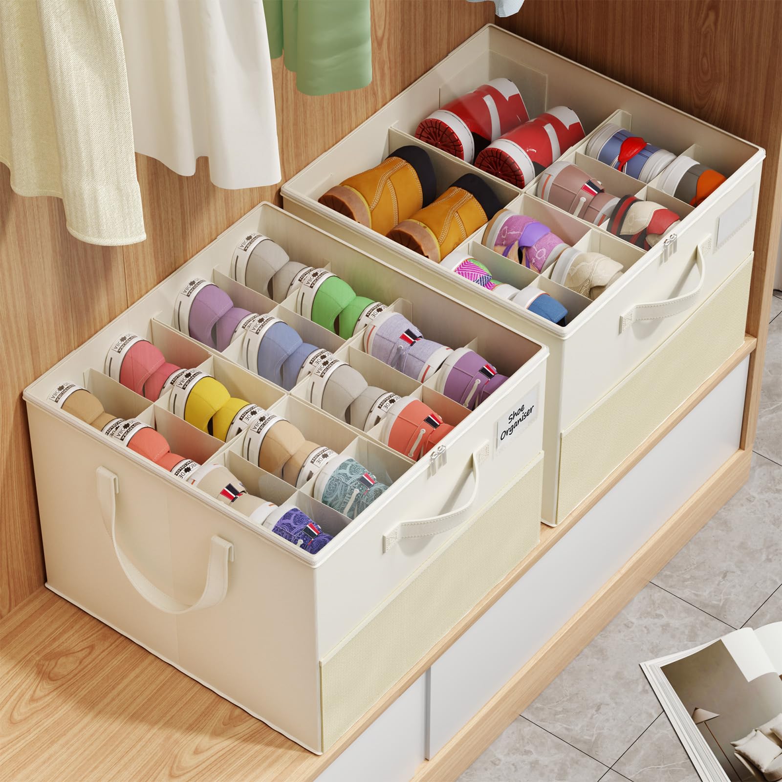 Plus Size 2 Pack Shoe Organizer for Closet, Foldable Shoe Storage Box