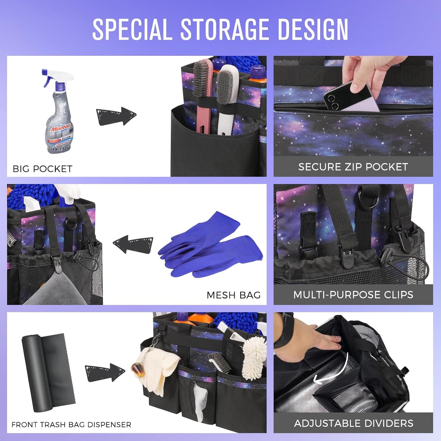 Wearable Cleaning Caddy, Cleaning Caddy Supplies Organizer with Handle & Shoulder Straps for Housekeepers, Under Sink & Car Cleaning Tool Organizers Bag with 4 Foldable Divider (StarrySky)