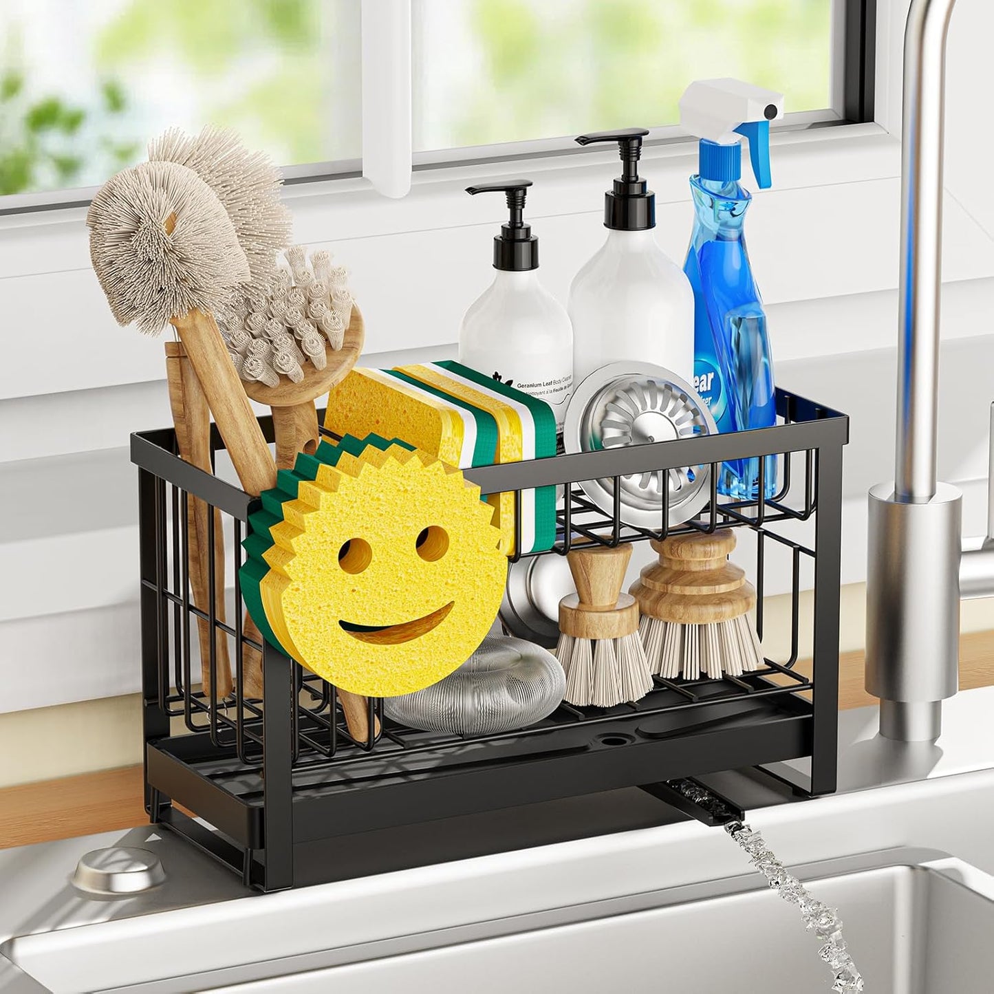 Sponge Holder for Kitchen Sink with Flexible Sink Caddy Smiley Face,2 Tier Kitchen Sponge Holder Countertop and Storage Essentials,Soap Dispenser Organize,Home Decor Accessories-Black