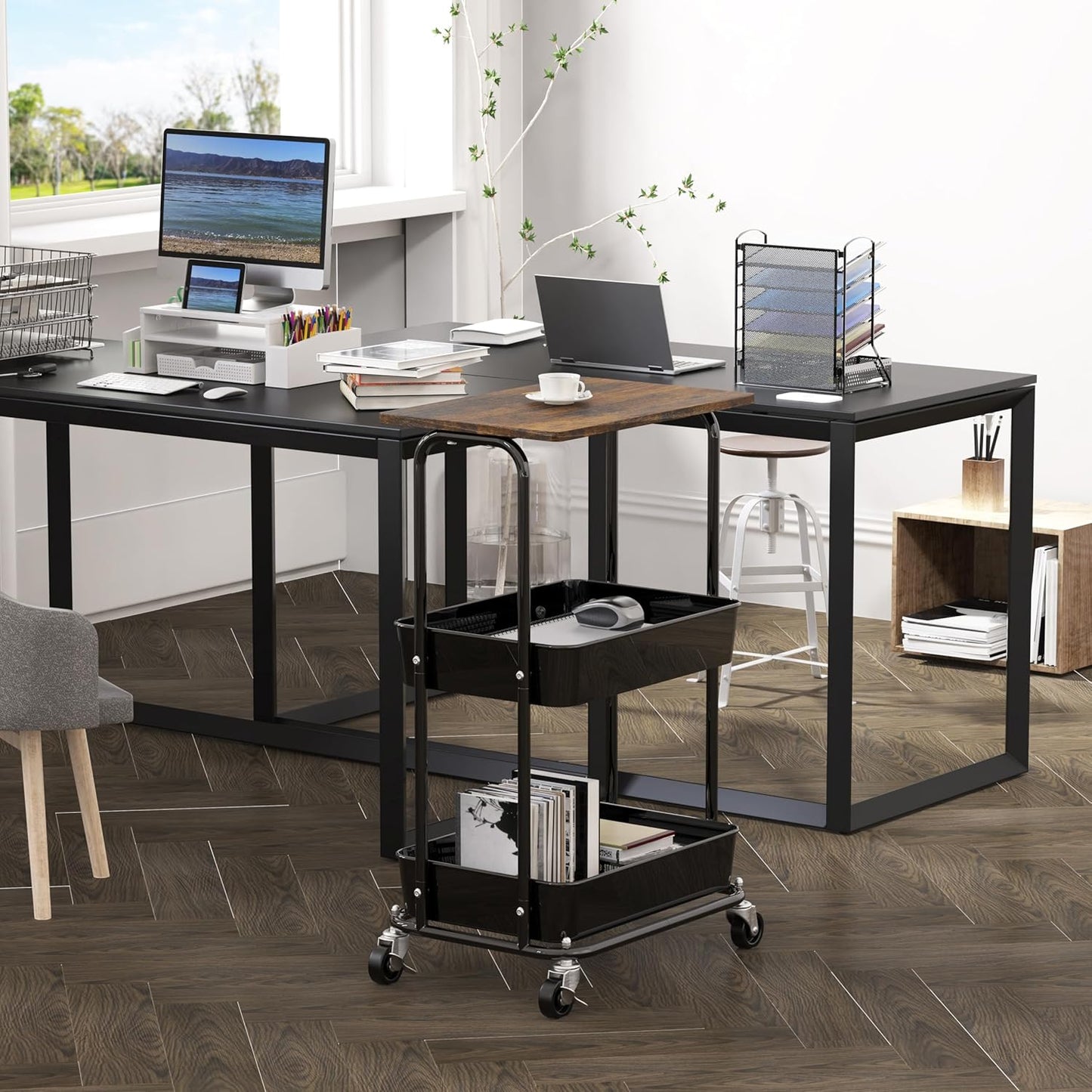 Simple Houseware 2-Tier Rolling Utility Cart with Lockable Wheels and Wood Top, Metal Storage Organizer Trolley for Kitchen, Bathroom, Office, Craft Room, Rustic Brown