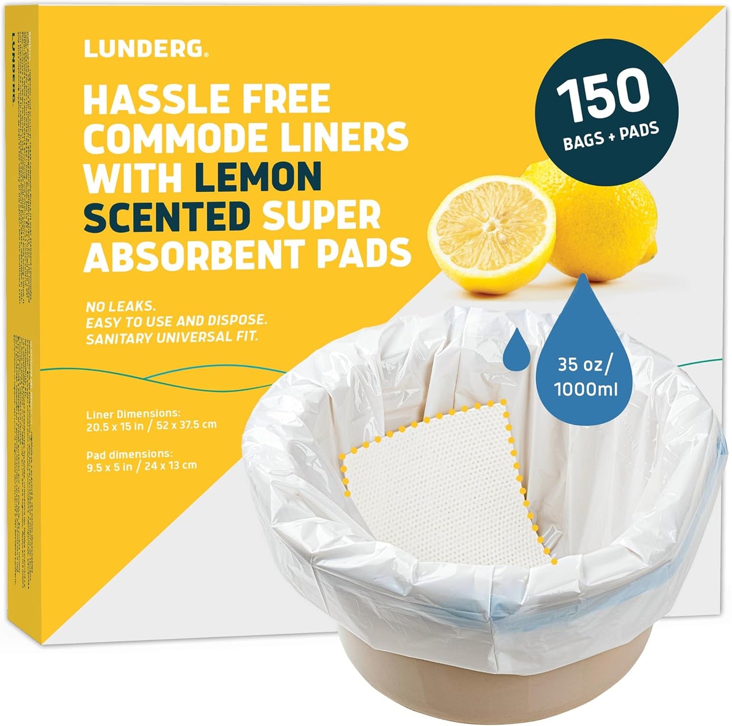 Lunderg Commode Liners with Absorbent Pads - Lemon Scent Medical Grade 150 Count Universal Fit - Disposable Bedside Commode Liners and Pads for Adult Chairs, Portable Buckets & Camping Toilet Bags