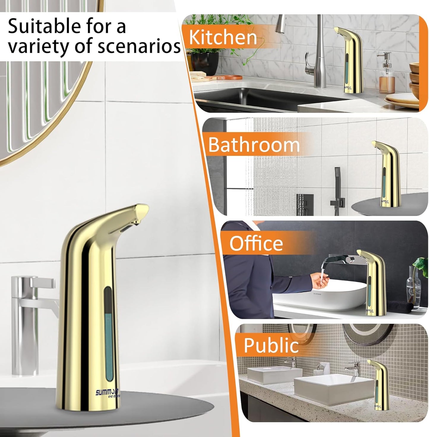 Automatic Liquid Soap Dispenser Touchless,400ML Hand & Dish Countertop Gold Electric Dispenser with Sensor,Modern 4 Gear Adjustable Waterproof Battery Operated Kitchen Auto Soap Pump