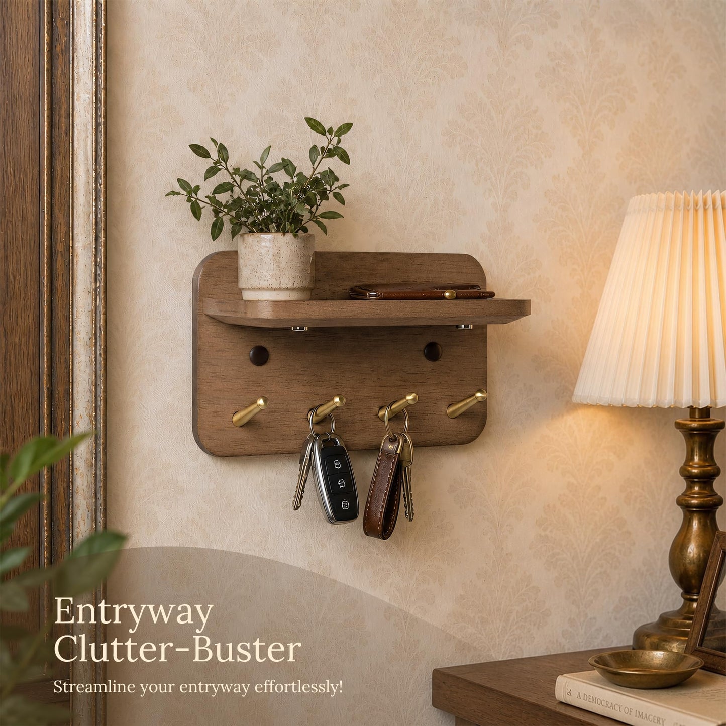 LEIRUOTM Key Holder Wall Mount, Solid Wood Key Holder for Wall with 4 Brass Hooks & Hidden Magnets