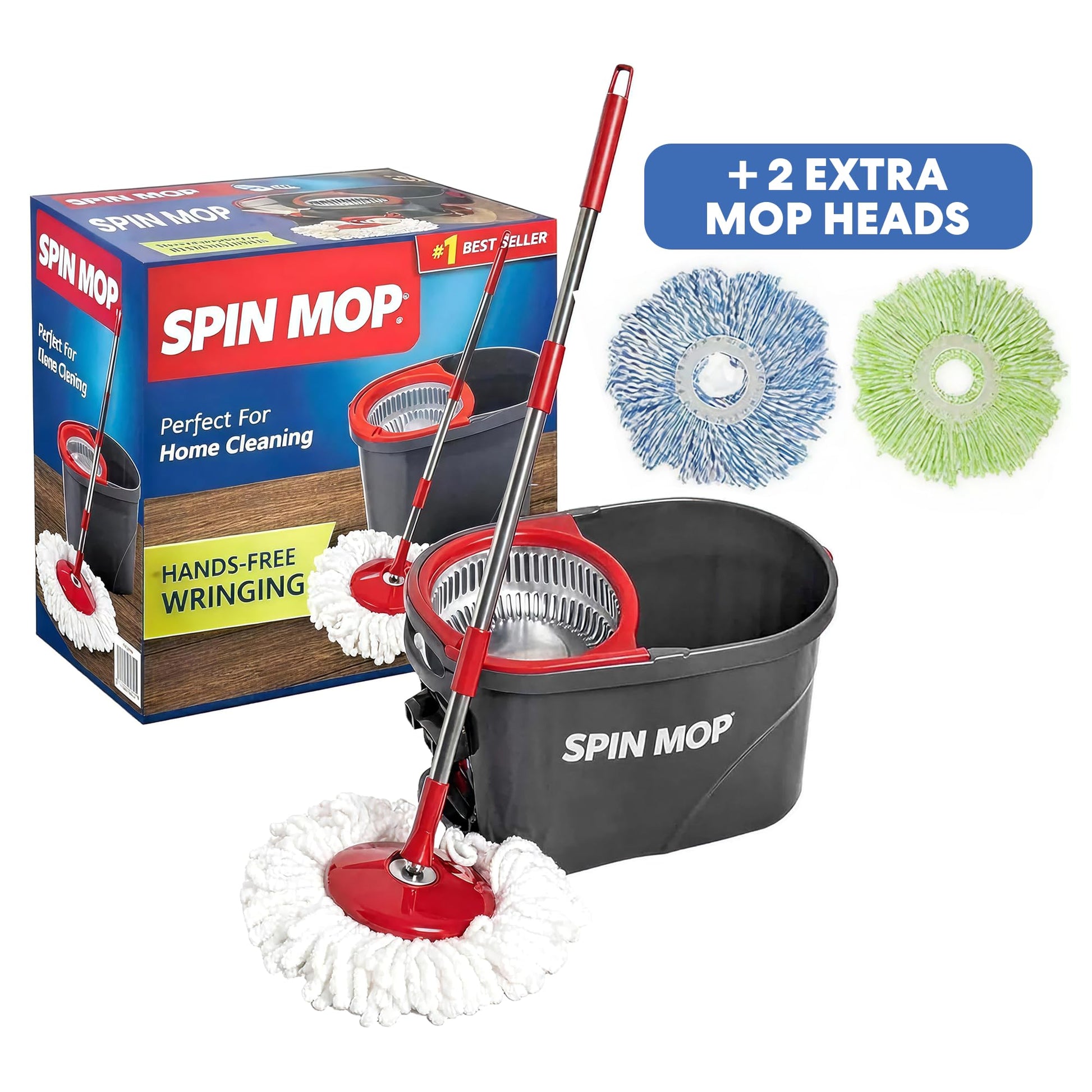 Simpli-Magic 79349 Spin Mop Cleaning System with 3 Microfiber Mop Heads, Red/Black