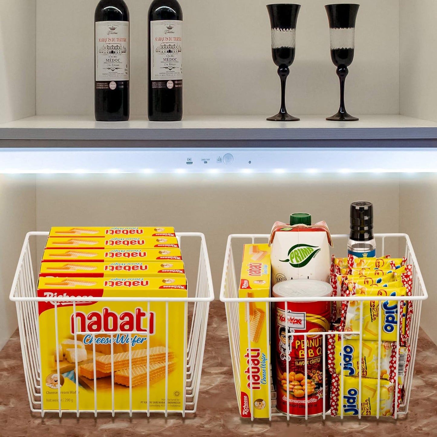 Slideep Fridge Freezer Baskets, Wire Storage Organizer Basket, Household Refrigerator Bin with Built-in Handles for Cabinets, Pantry, Closets, Bedrooms White - Set of 2