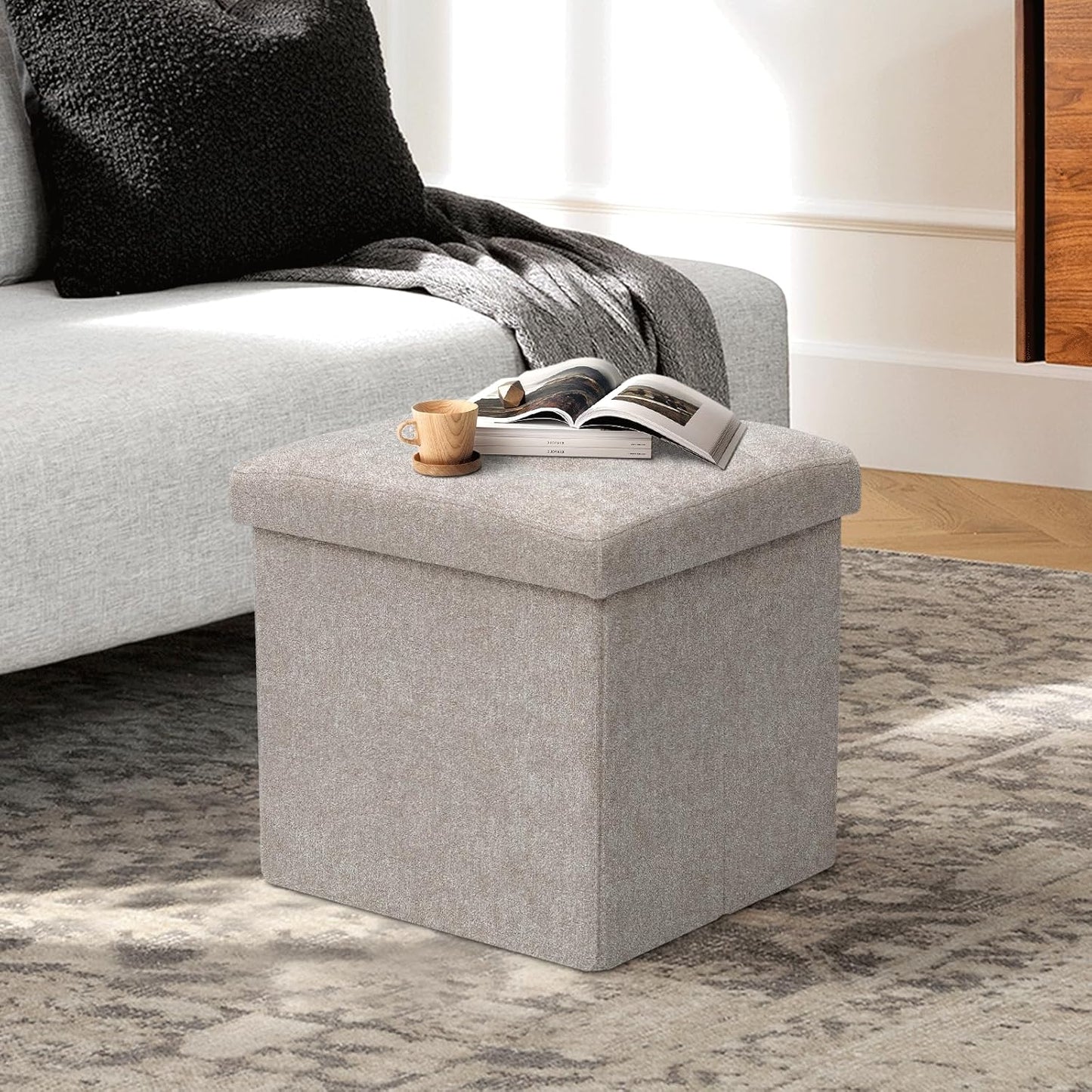 Athena Collection 15" Storage Ottoman Bench Folding Bench with 40L Hidden Storage, Small Cube Ottoman Linen Foot Rest Stool Chest with Flipping Lid for Living Room, Bedroom, Entryway, Sandy Beige