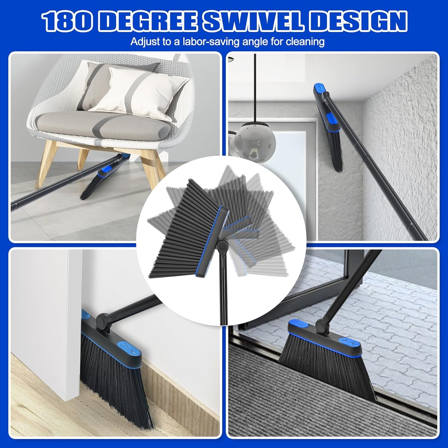 JEHONN Broom and Dust Pan, Upgraded Large Foldable Dustpan with Comb Teeth, 53.5 inches Long Handle Swivel Brush Indoor for Home Kitchen Lobby Floor Cleaning (Blue)