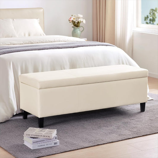 HUIMO Faux Leather Storage Ottoman Bench 50.3 inch Extra Long Upholstered Bedroom Bench with Large