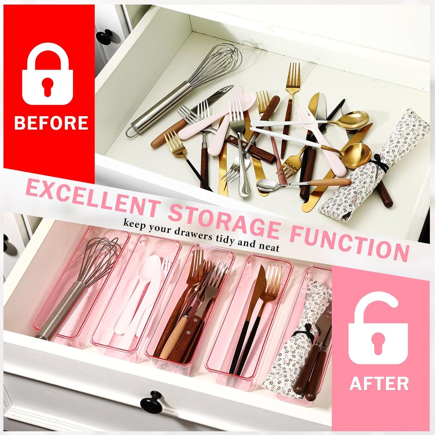 Maitys 12 Pcs Vanity Drawer Organizer 9 x 3 x 2 Inches Clear Plastic Utensil Organizers Kitchen Drawers Dividers for Office Desk Silverware Kitchen Utensils Cosmetics and Bathrooms(Pink)