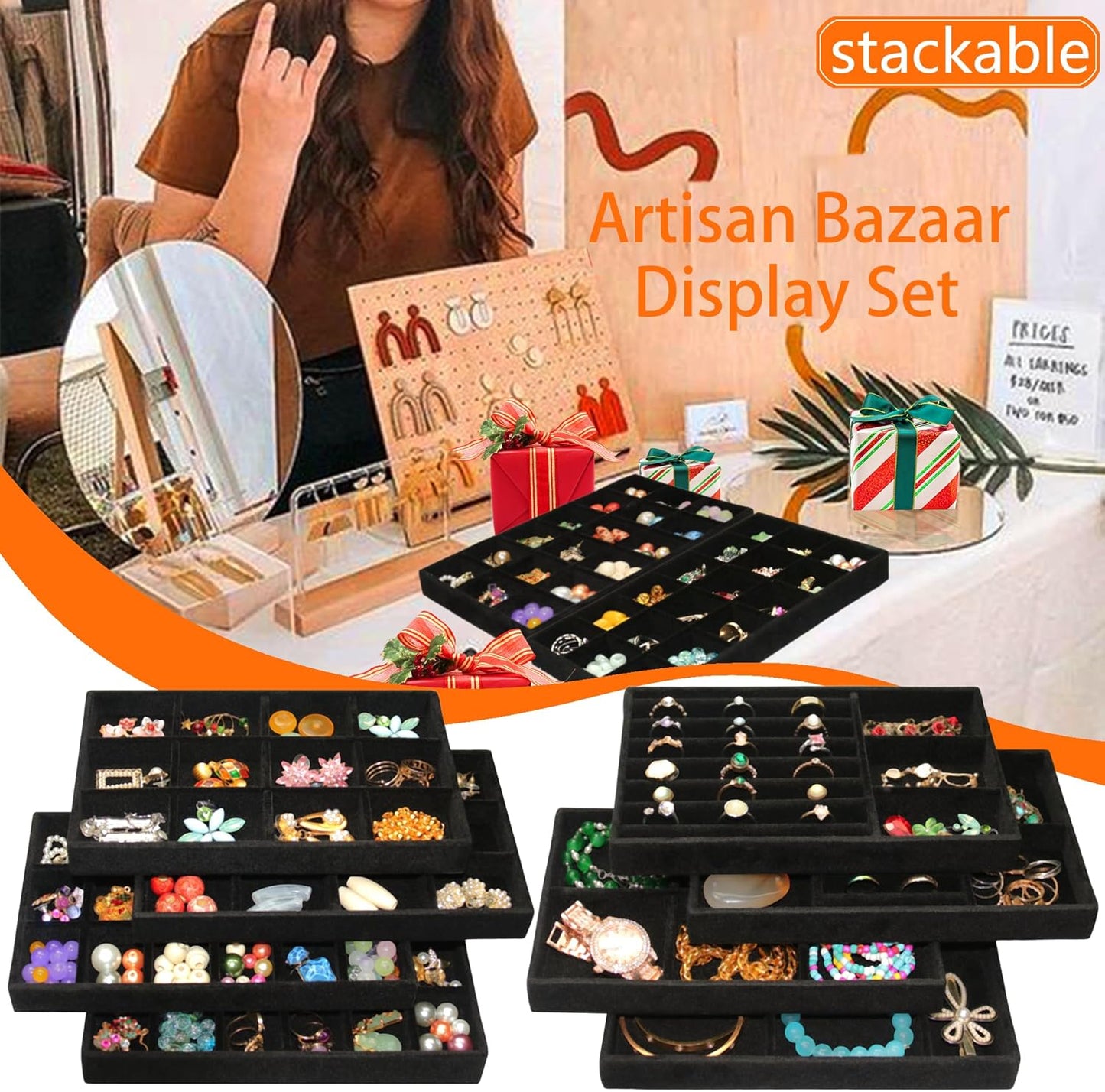 Jewelry Organizer Drawer 8 Set Jewelry Boxes Velvet Jewelry Drawer Organizer Stackable Jewelry Tray for Earring Necklace Display