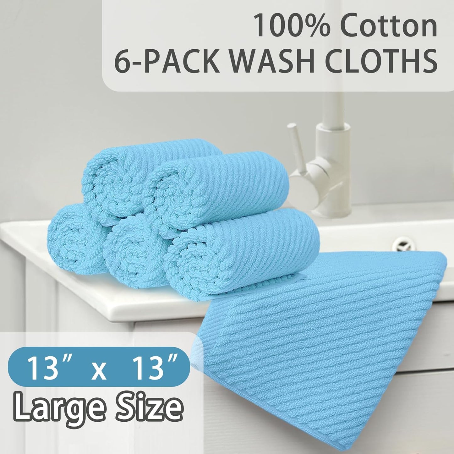 VOOVA & MOVAS Blue Washcloths (6PC, Large 13" x 13") - 100% Cotton | Lightweight | Thick | Quick Dry | Soft | Absorbent, Wash Cloths for Bathroom & Showering, Luxury Face Towel Gift Set, Baby Blue