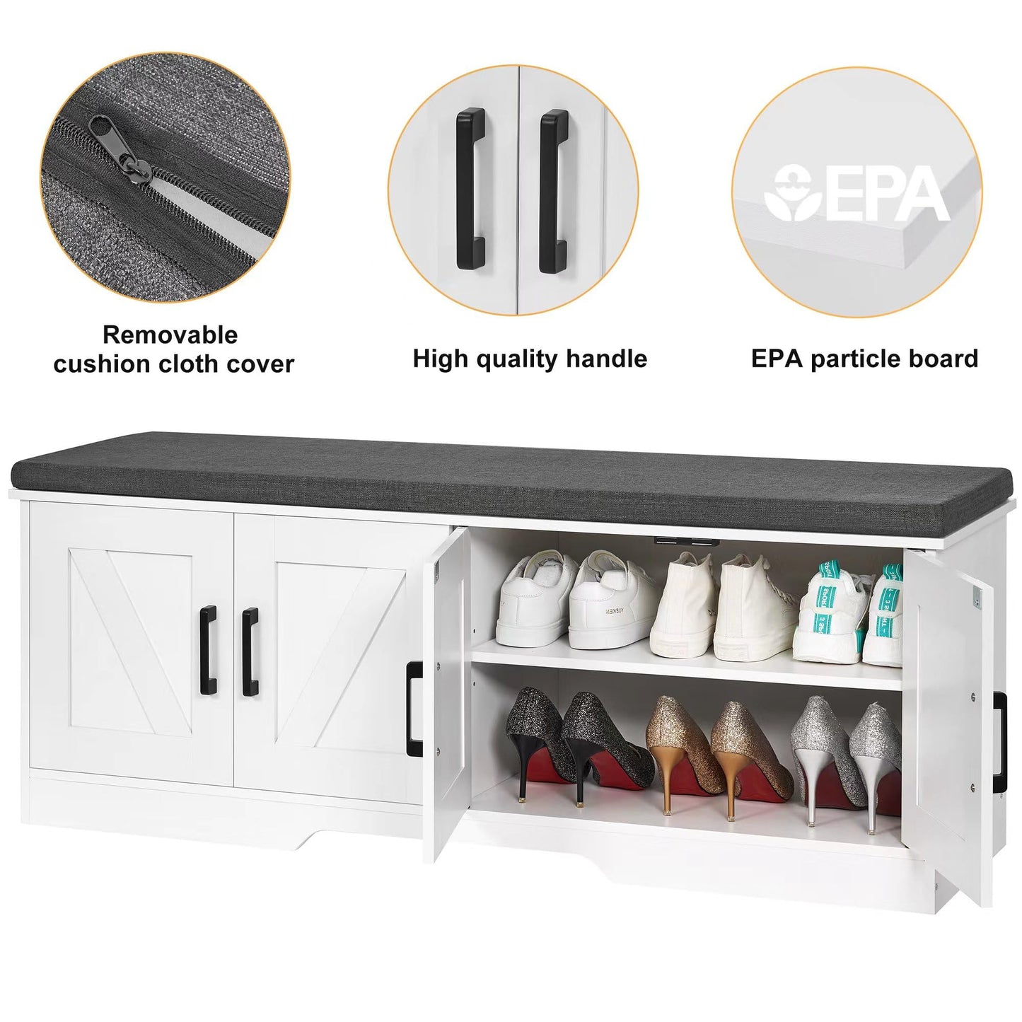HOMSHO Farmhouse Shoe Storage Bench with 4 Barn Doors & Padded Seat Cushion