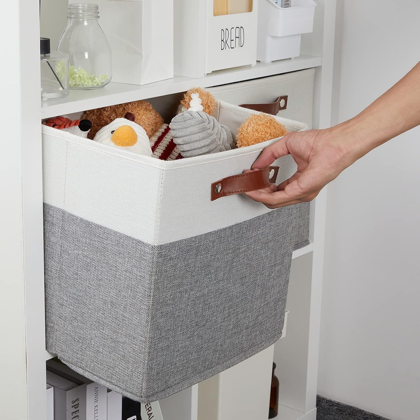 DULLEMELO Storage Cubes 13 inch, Collapsible Sturdy Cube Storage Bins With Handles for Organizing,Fabric Storage Baskets for Shelves Nursery Closet Home Organization (White&Grey-4 Pack)