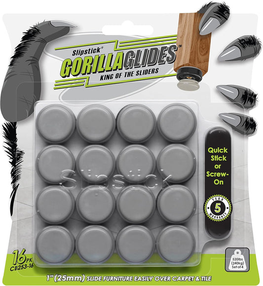 GorillaGlides 1 Inch Chair Sliders/Furniture Floor Protectors (16 Furniture Glides) Self-Adhesive
