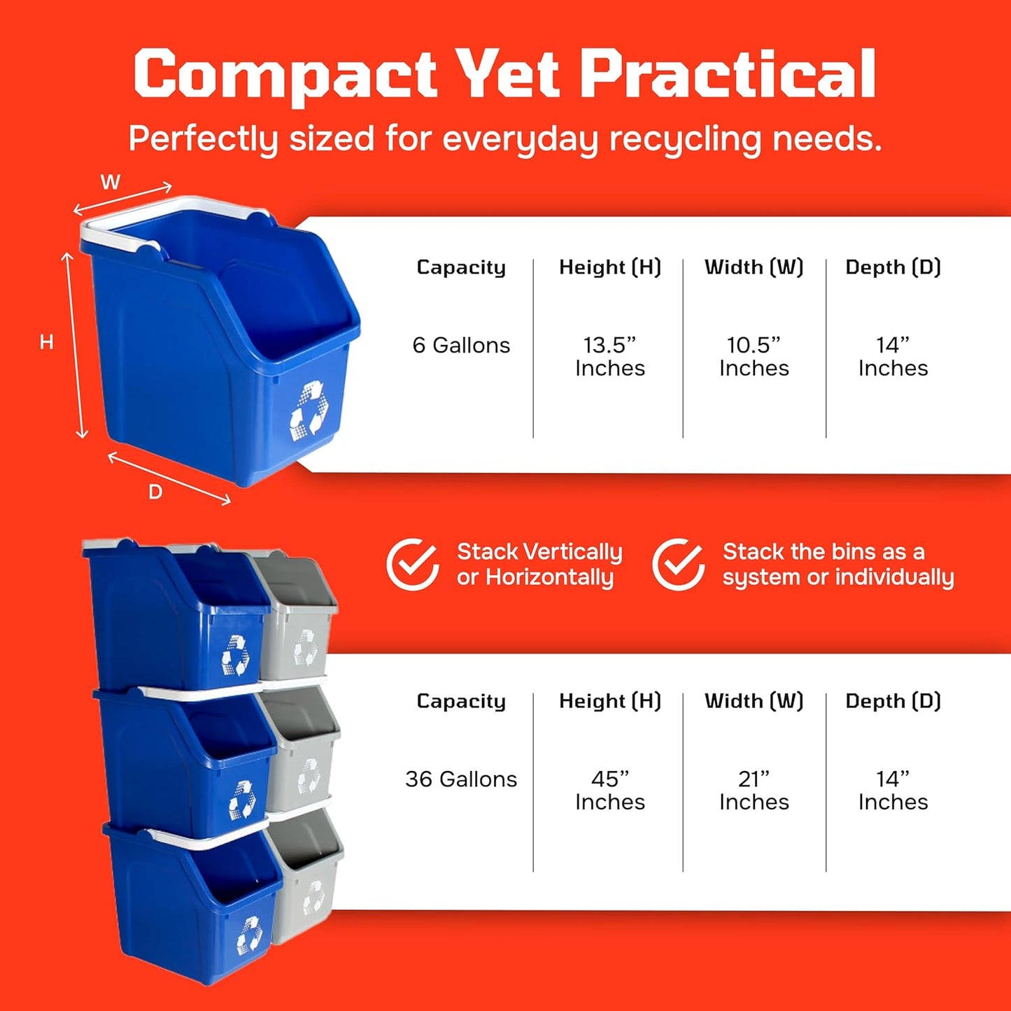Multi Bin Recycling System with Six Stackable 6 Gallon Recycle Bins to Build Your Recycling Center for Offices, Kitchen, Garages, Businesses (6 Pack, Blue/Green)