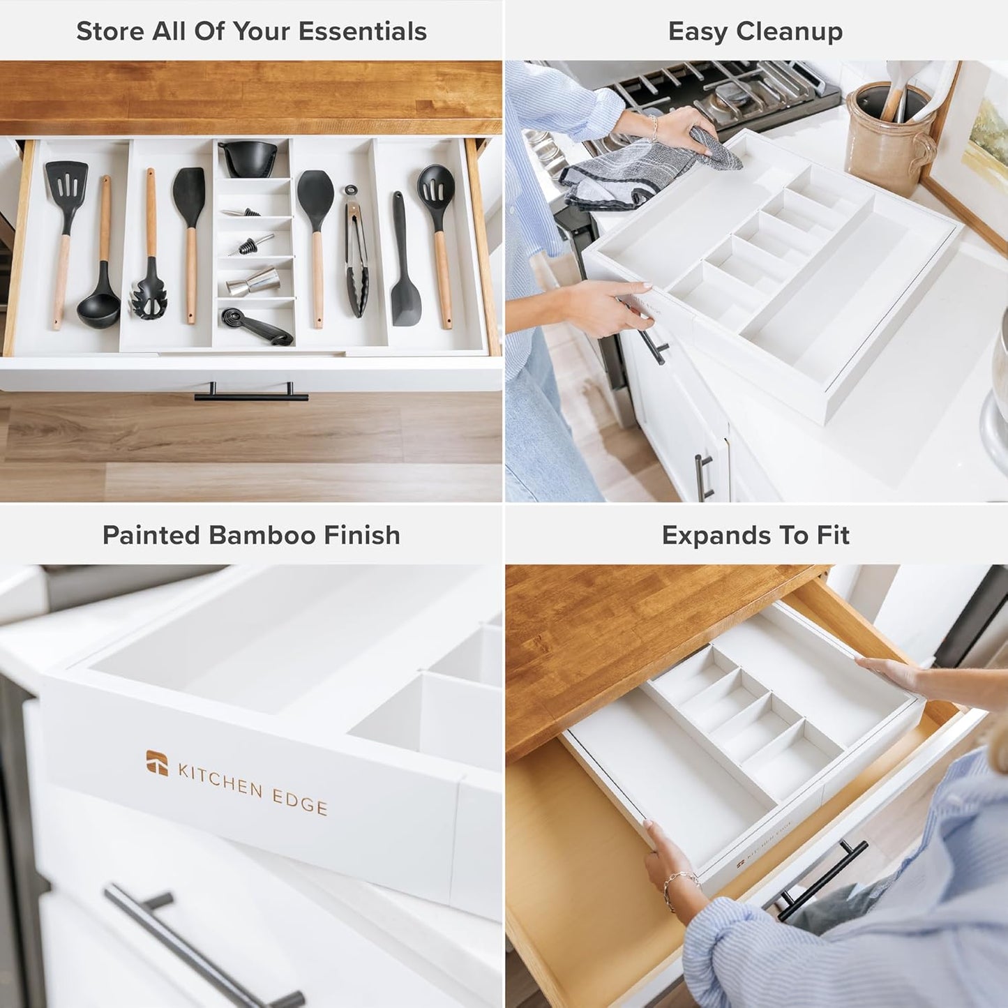 KitchenEdge Adjustable Kitchen Drawer Organizer for Utensils and Junk, Food-Safe Contract Grade with 100% Sustainable Wood, Expandable from 19 to 33 Inches Wide - White Bamboo
