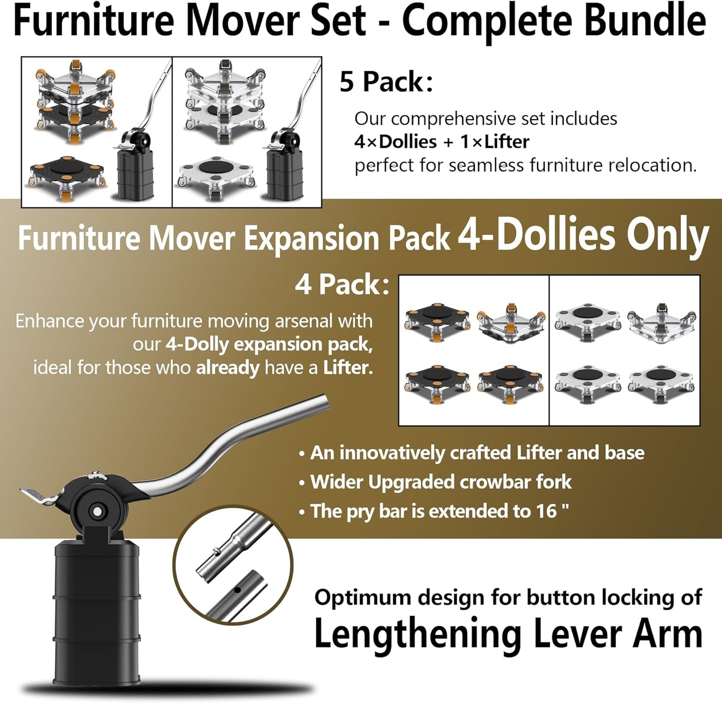 ONEON Furniture Mover Pro Set - Enhanced Dolly and Lifter with Custom TPE Wheels for Easy Furniture Lifting and Moving-Professional Tool for Effortless Furniture Transport(Light Gray 4Dollies+1Lifter)