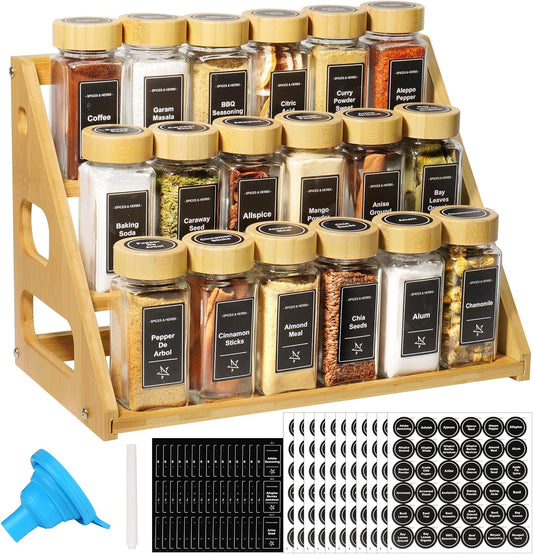 3 Tier Bamboo Spice Rack Organizer with 18 Spice Jars, 780 Labels, Wood Shelf, Chalk Marker and Funnel Set for Cabinet Kitchen Countertop, Empty 4 oz Glass Jars