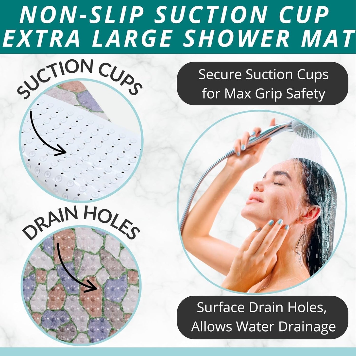 ENKOSI Extra Large Square Non Slip Shower Mat - 31 x 31-inch XL Bathroom Shower Mat - Square Shower Mats for Shower Stall Floors | Secure Suction Cups and Drain Holes (31x31 Stone Path)