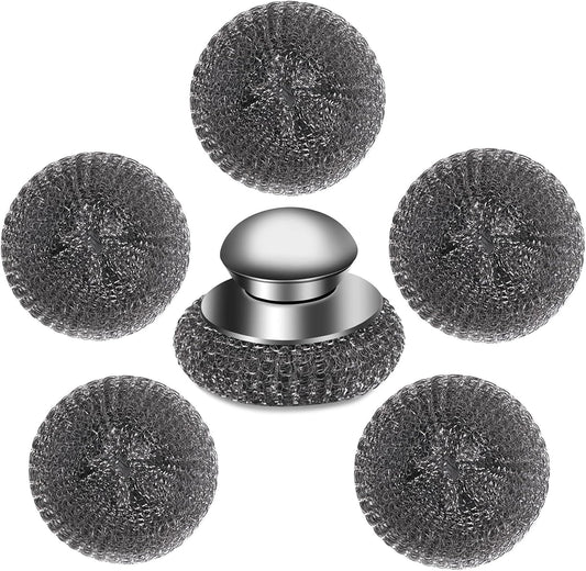 6Pcs Steel Wool Scrubber with Replacement Wire Pads Set, Stainless Steel Scrubber with Handle for Scouring Stubborn Messes from Cast Iron, Pots, Pans, Grill, Stoves, Sink(1 Scrubber+5 Pads)