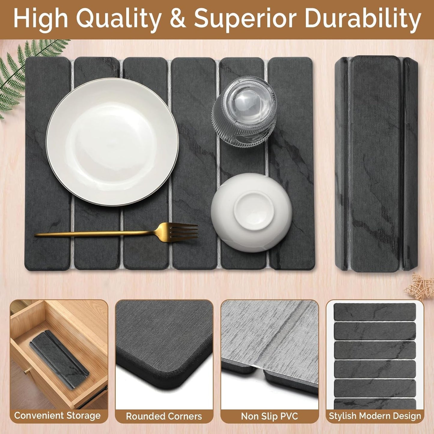 2 PCS Stone Dish Drying Mat for Kitchen Counter,Quick Dry Stone Dishes Mats,Marbled Water Absorbing Diatomaceous Earth Drying Pad for Countertop Bottles Utensils Cups(Dark Gray 16"×12" & 8"x4")