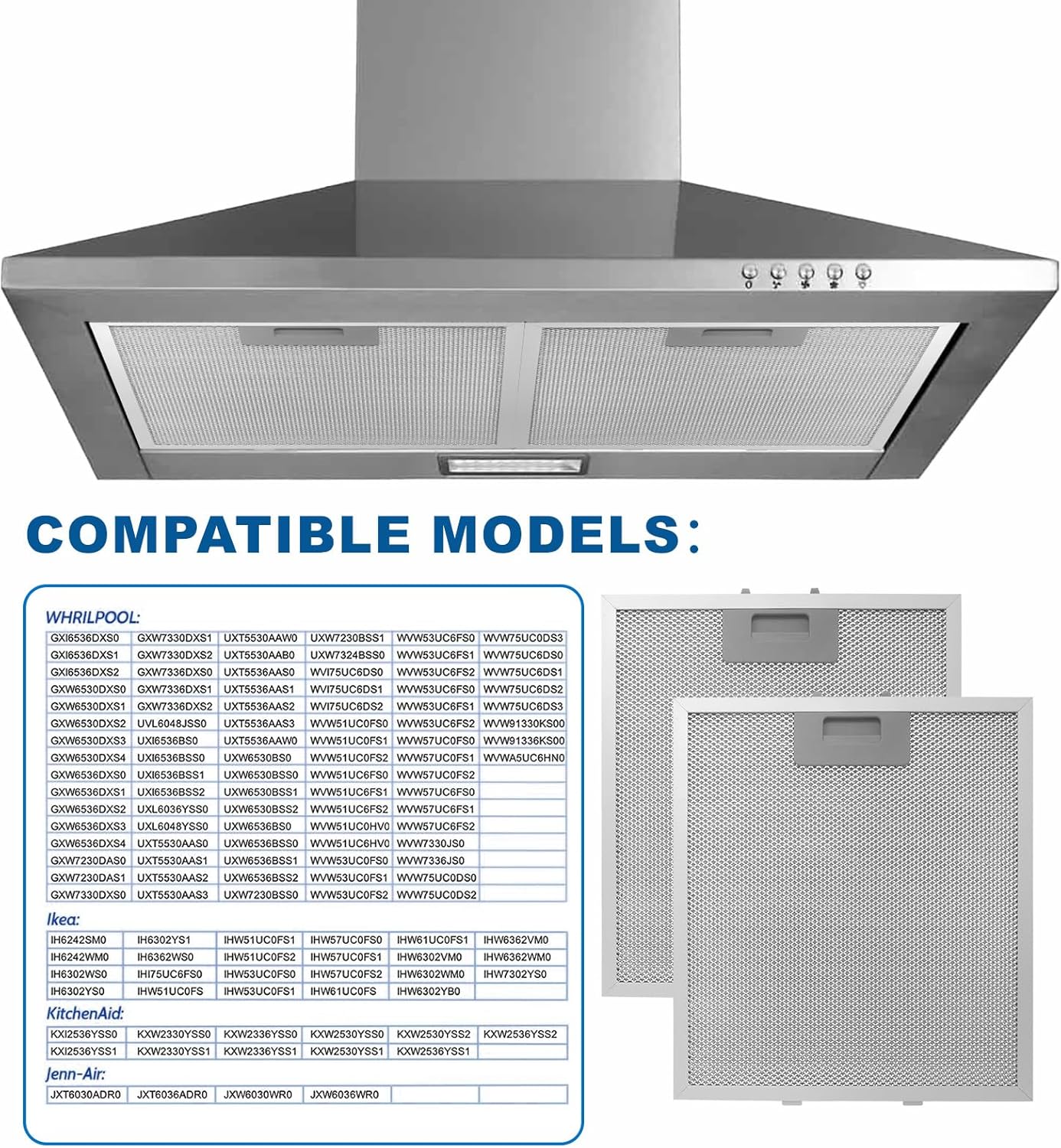 Range Hood Filter Replacement 12" x 10.5"W10169961A With 5-Layer Aluminum Mesh Fit for Whirlpool Stove vent filter for Kitchen Overhead Exhaust Fan Blocks Grease & Filters Oven Air (2PIC)