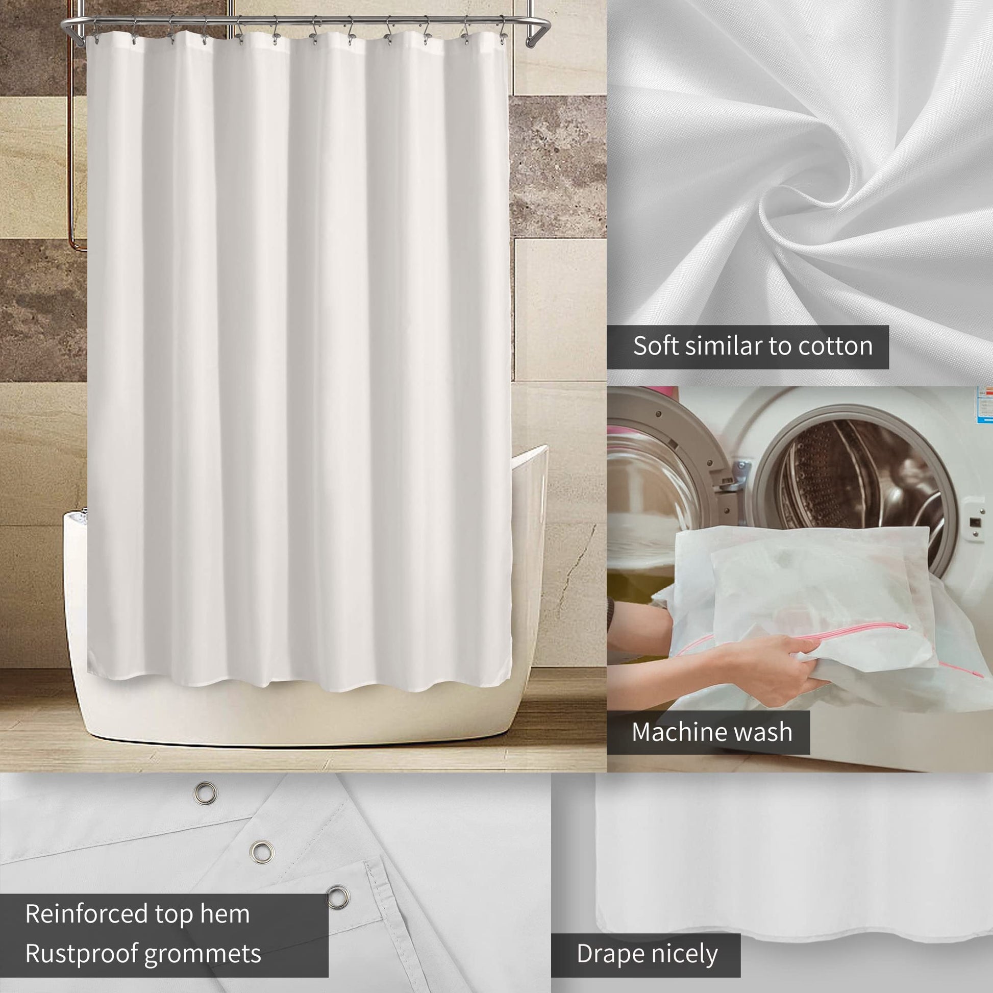 ALYVIA SPRING Extra Long Waterproof Fabric Shower Curtain Liner White 72x84