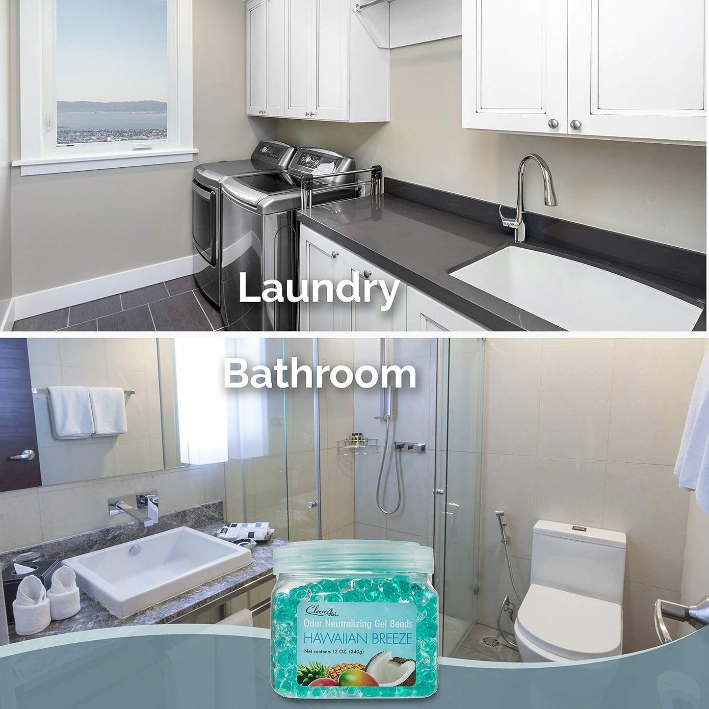 Clear Air Odor Eliminator Gel Beads - 12 oz, Pack of 2 - Air Freshener Made with Essential Oils - Eliminates Odors in Bathrooms, Cars, Boats, RVs & Pet Areas - Hawaiian Breeze Scent