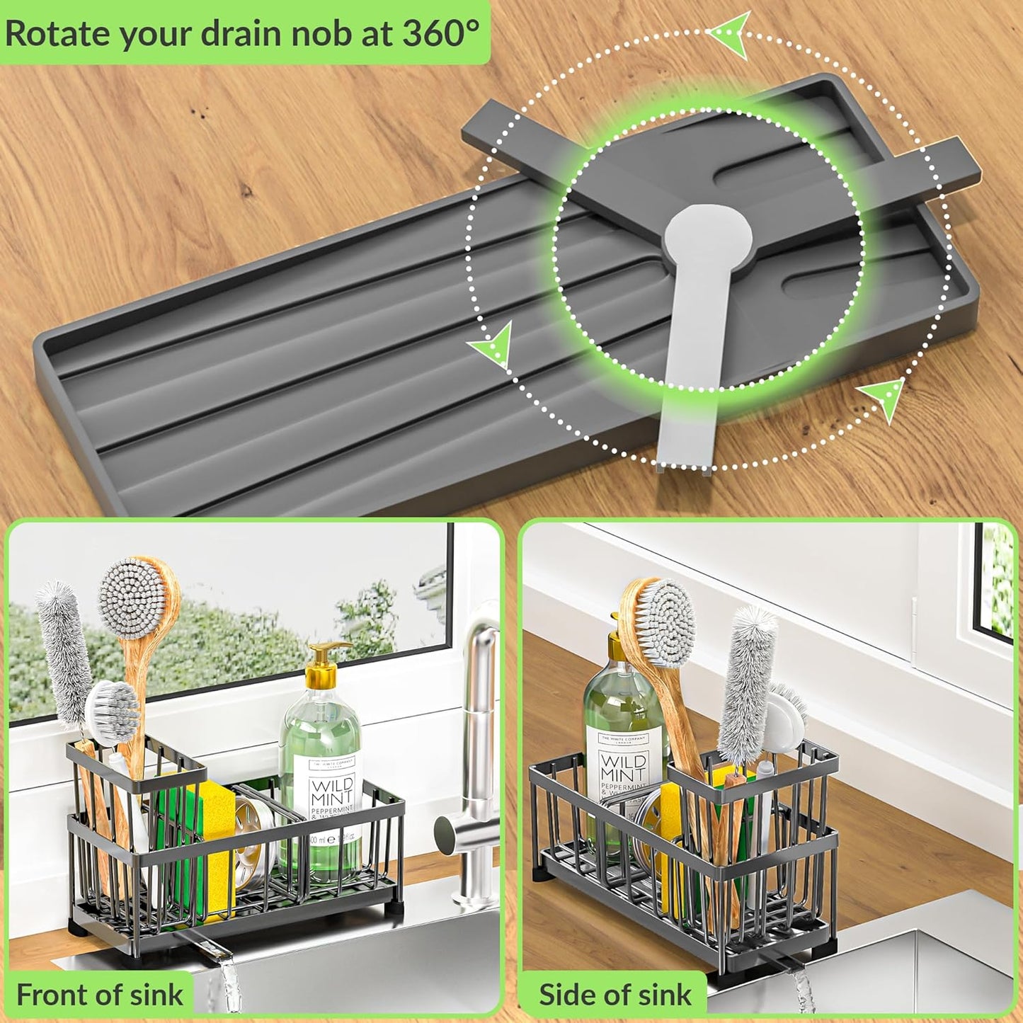 Self-Draining Kitchen Sink Caddy with Elevated Brush Holder – Rustproof Stainless Steel Multipurpose Sponge Holder for Kitchen Sink Organizer with Durable Design for Countertop