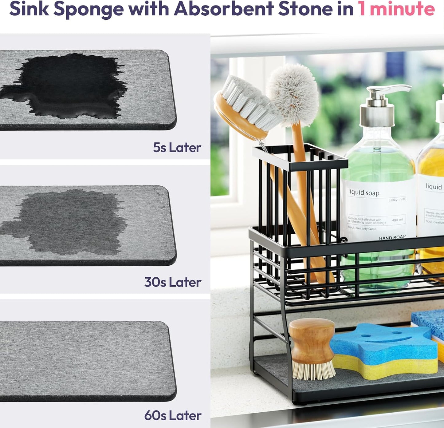 SWTYMIKI Sponge Holder for Kitchen Sink - 2 Tier Rustproof Sink Caddy with Instant Drying Stone, Removable Dish Brush Holder, Stainless Steel Kitchen Caddy for Coutertop Storage Accessories