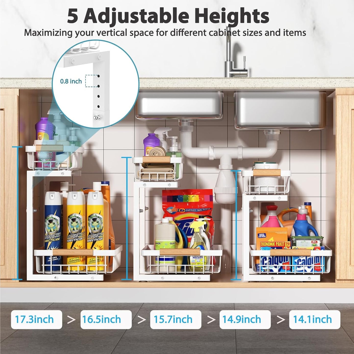 Under Sink Organizer Storage 1 pack, 2 Tier Slide Out Height Adjustable Pull Out Cabinet Organizer Drawers, Kitchen Bathroom Large Capacity Metal Under Sink Rack Caddy Basket Shelves, White