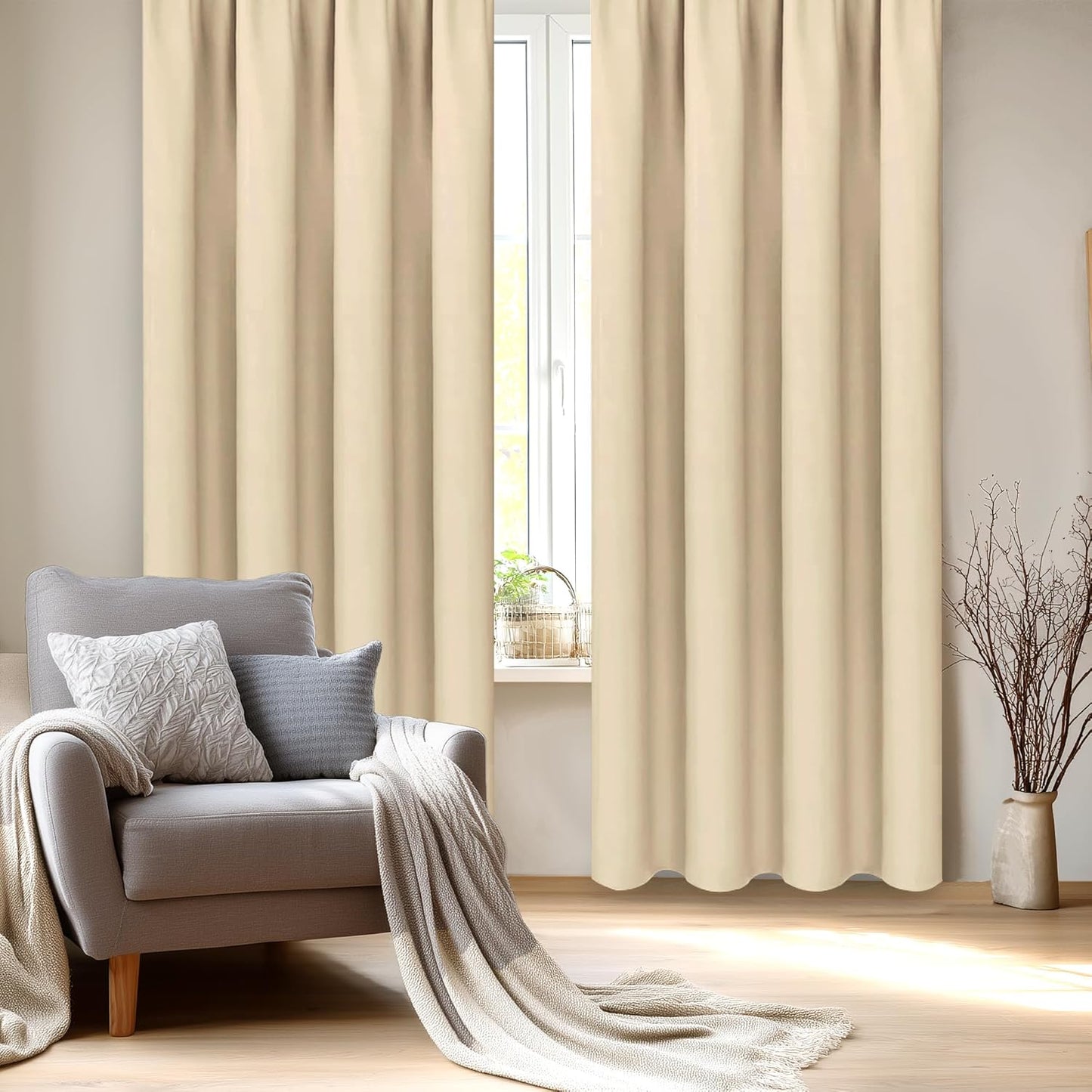 DWCN Insulated Blackout Curtains for Bedroom, Energy Saving Privacy Room Darkening Curtains for Living Room (W60 x L84 inch, Beige, Set of 2 Panels, Top of Rod Pocket)