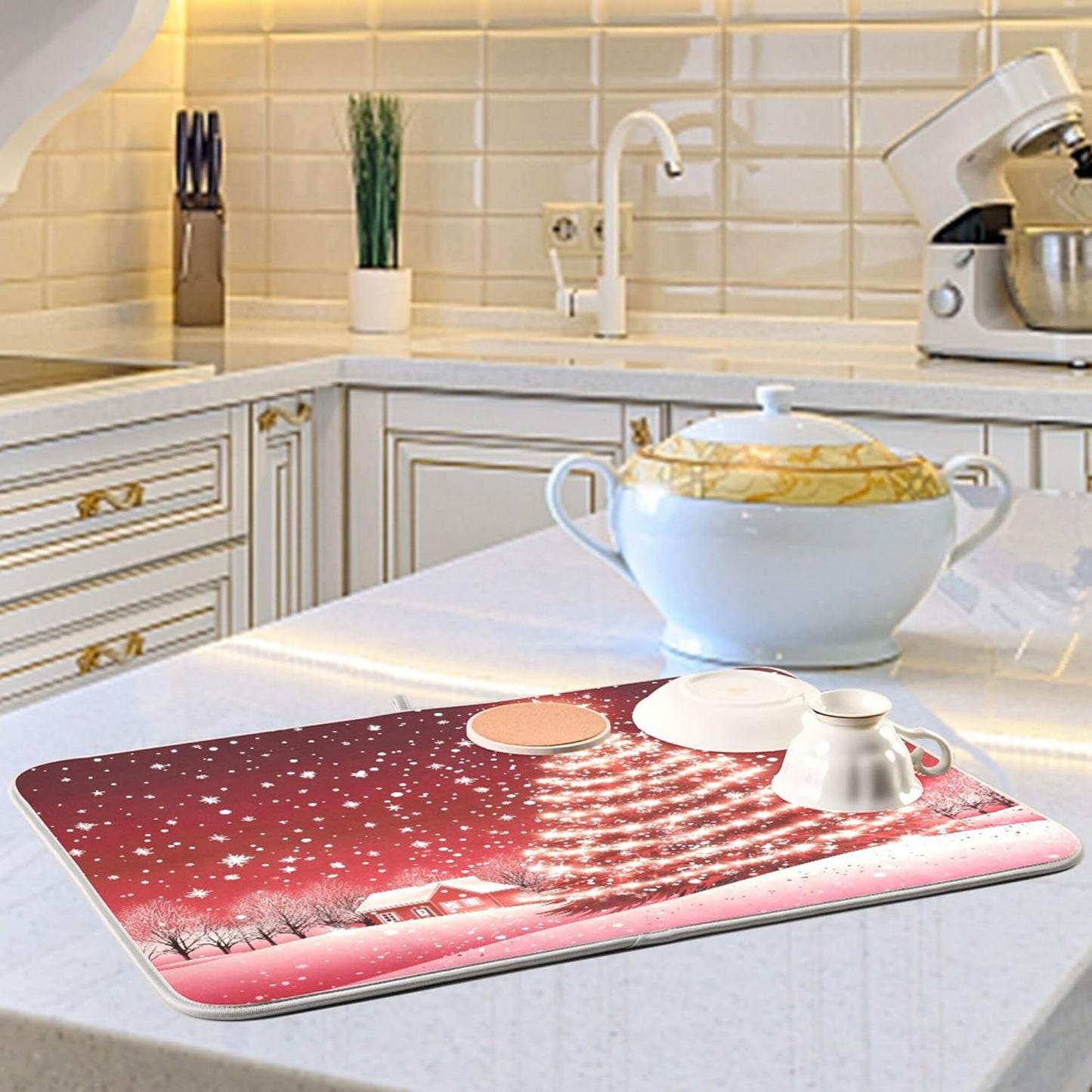 Christmas Tree Red Dish Drying Mat for Kitchen Countertop 16x18 Winter Snow Cabin Xmas Small Drying Mat Reusable Quick Dry Dish Sink Mats Easy Clean Decorative Essentials
