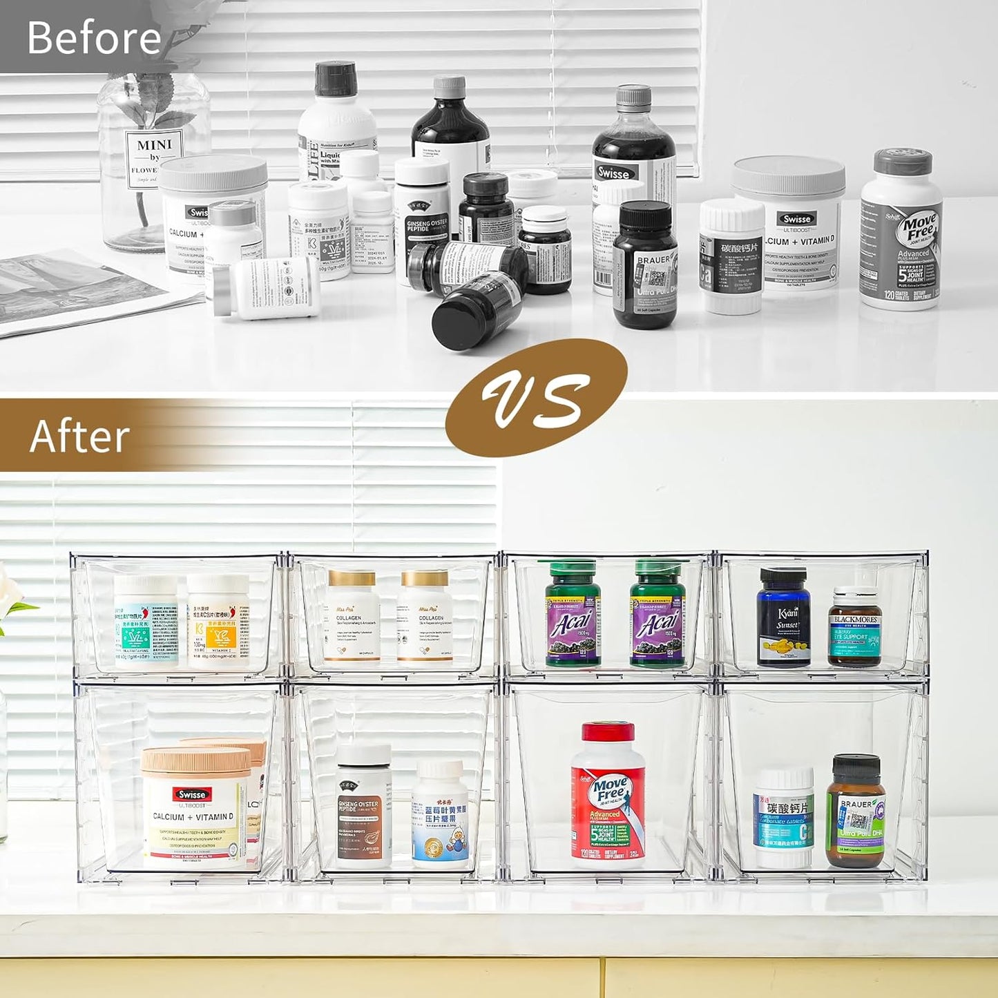 6Pack Pantry Organizers and Storage,Clear Stackable Kitchen Storage Organizer,Foods Organizer Bins with Handles, Easily Assemble for Bathroom, Kitchen, Refrigerator, Pantry, Cabinet, Closet