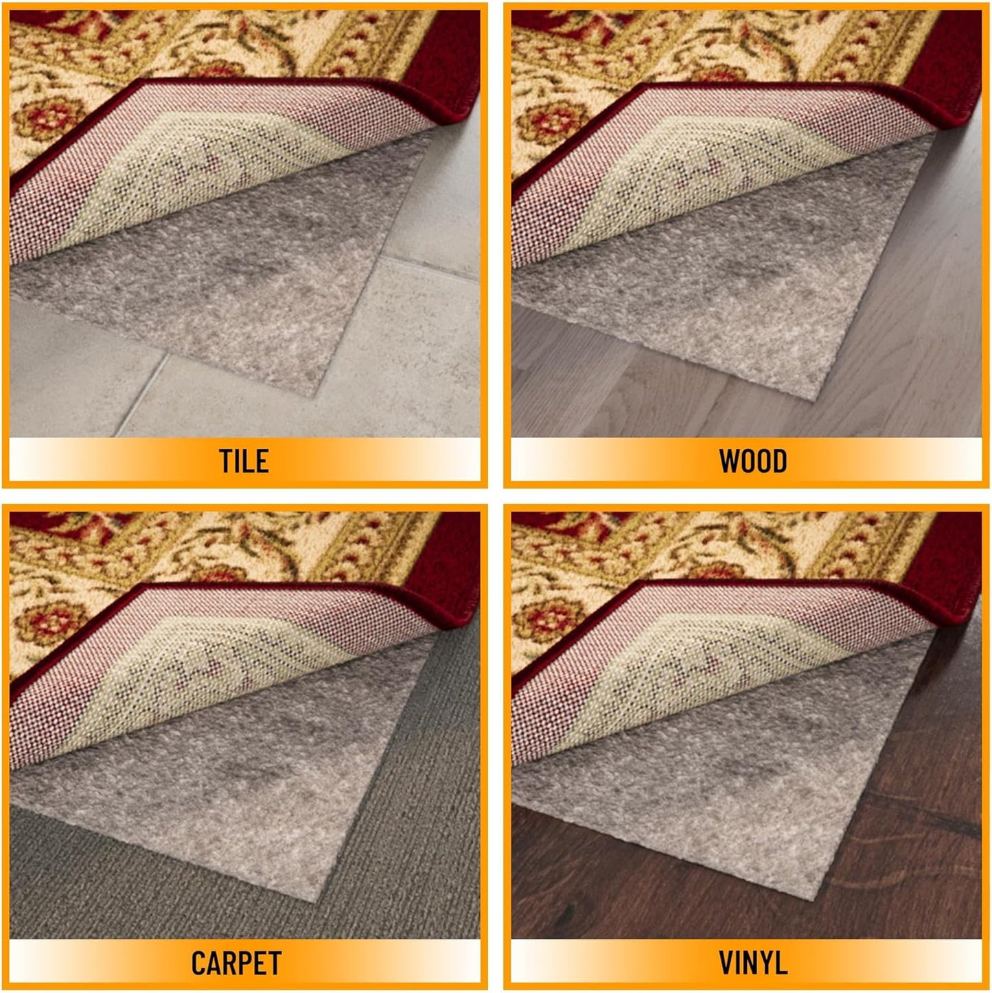 Ottomanson 3' x 3' Non-Slip Rug Pad Gripper 1/4 Inch Thick Dual Surface Felt + Rubber Gripper - Safe for All Floors, Brown