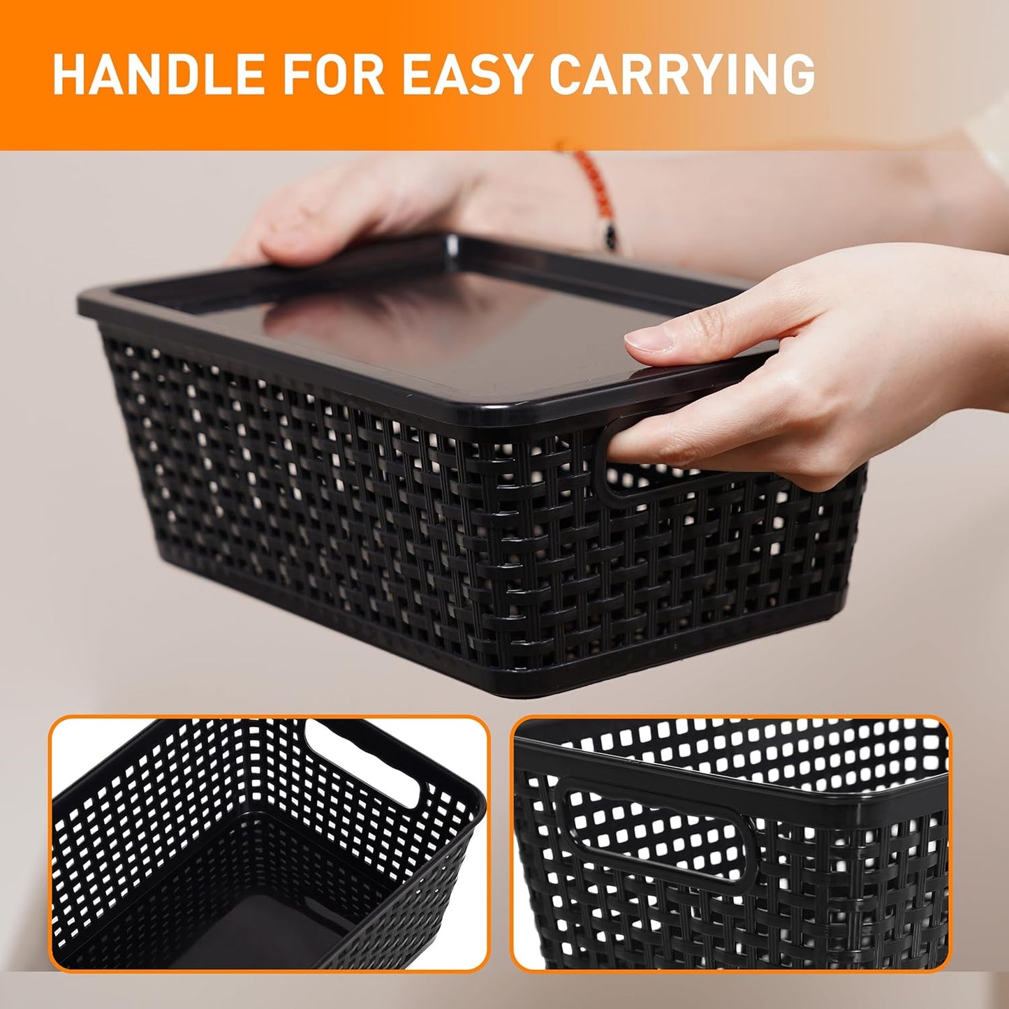 Plastic Storage Baskets With Lid, Storage Bins for Organizing, Stackable Decorative Containers for Shelves Drawers Desktop Closet Playroom Classroom Office, 6 Pack-Black