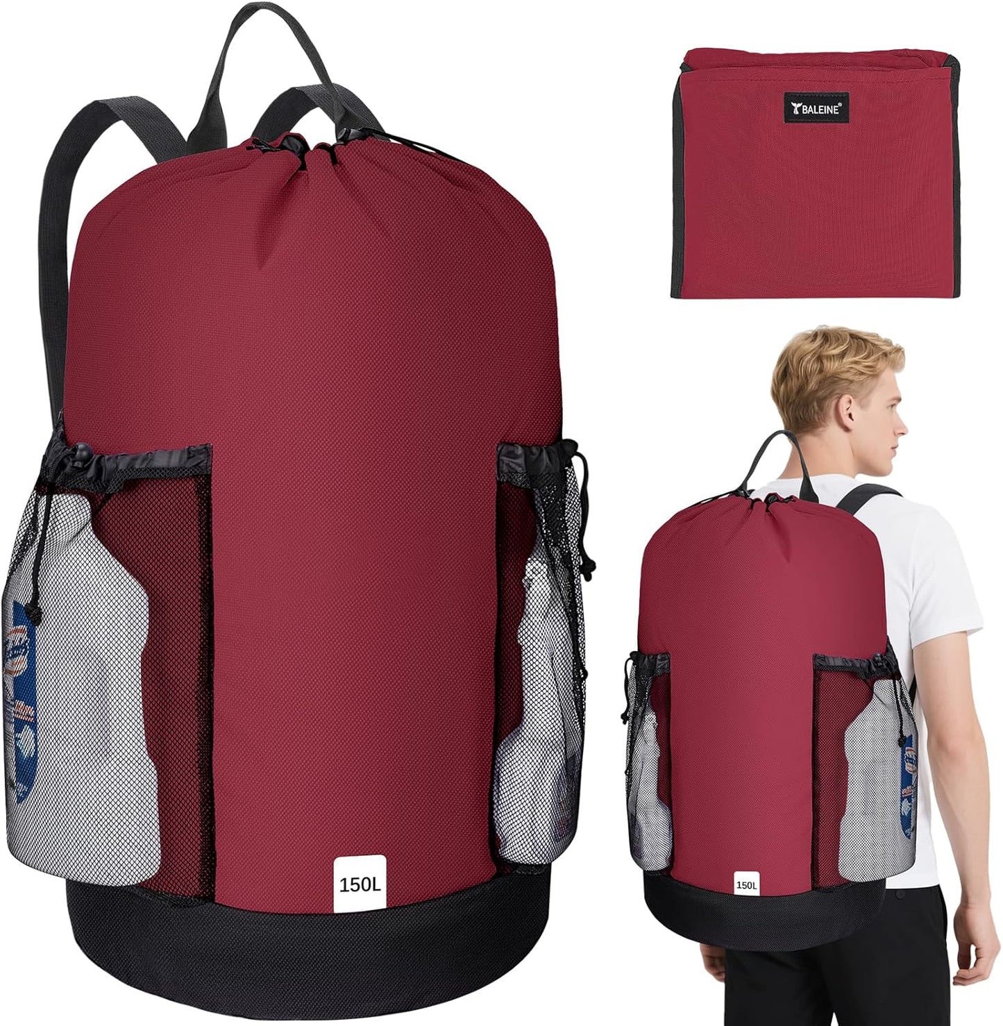 BALEINE 150L Laundry Bag Backpack, 900D Oxford Fabric Large Travel Laundry Bags with Shoulder Straps and 2 Mesh Pockets for College Dorm, Apartment, Laundromat (Red, 150L) ﻿